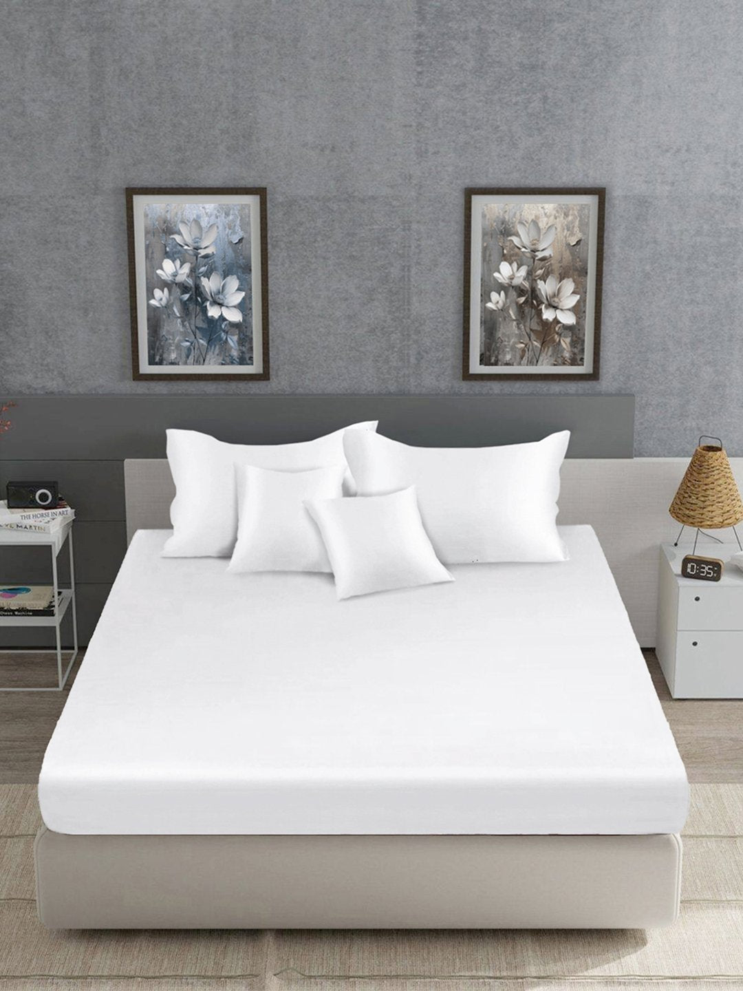 White Solid 400 TC Satin Fitted Super King Double Bedsheet with 2 Pillow Covers & 2 Cushion Covers