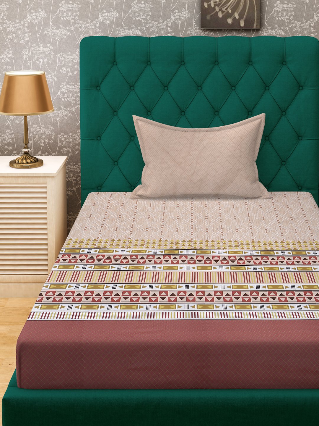 Beige Ethnic Motifs 400 TC Pure Cotton Single Bedsheet with Pillow Cover