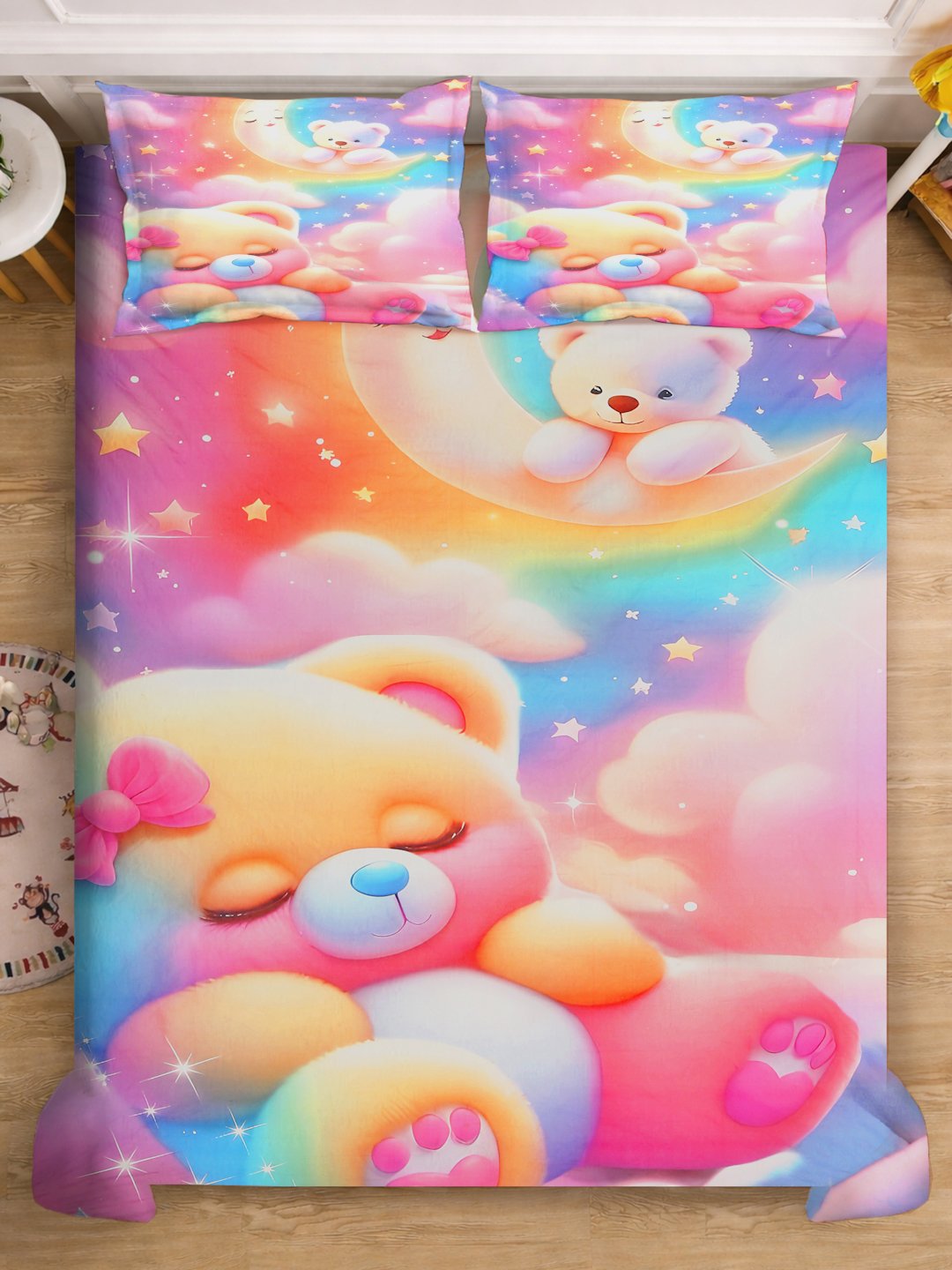 Multi 7D Cartoon Characters Printed Fitted Cotton Blend Double Bedsheet with 2 Pillow Covers