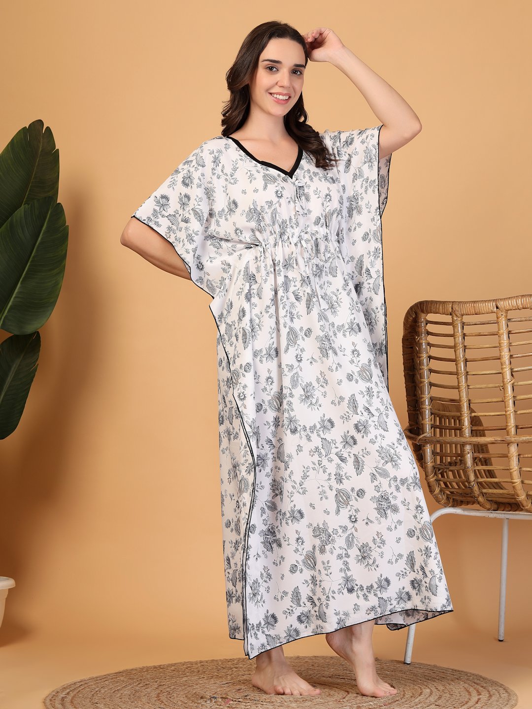 White Floral Cotton Blend Kaftan Maxi Nightdress