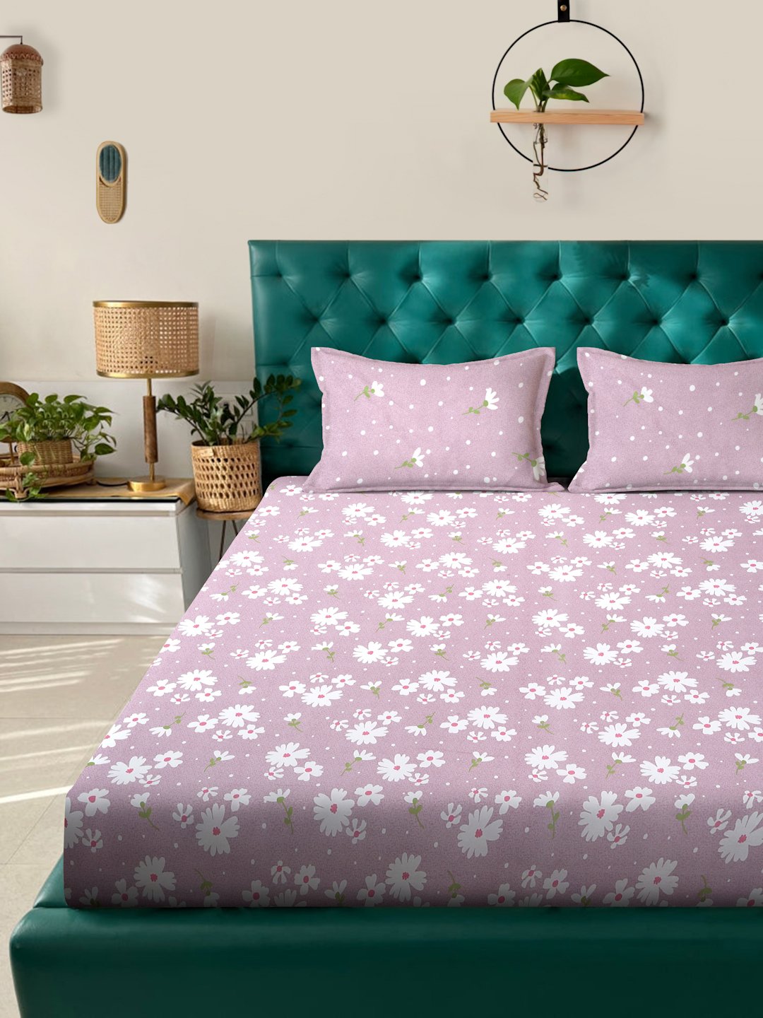 Purple Floral 300 TC Cotton Blend Double Bedsheet in Book Fold Packing