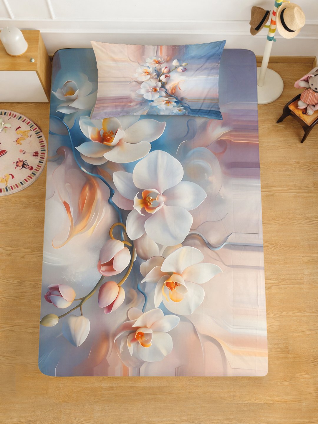 Multi Digital Floral Printed Cotton Blend Fitted Single Bedsheet with Pillow Cover