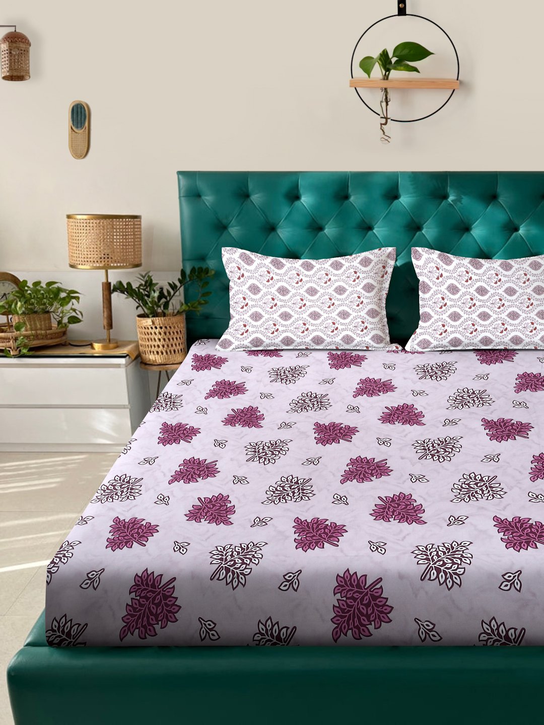 Purple Floral 400 TC Pure Cotton Fitted Double Bedsheet with 2 Pillow Covers