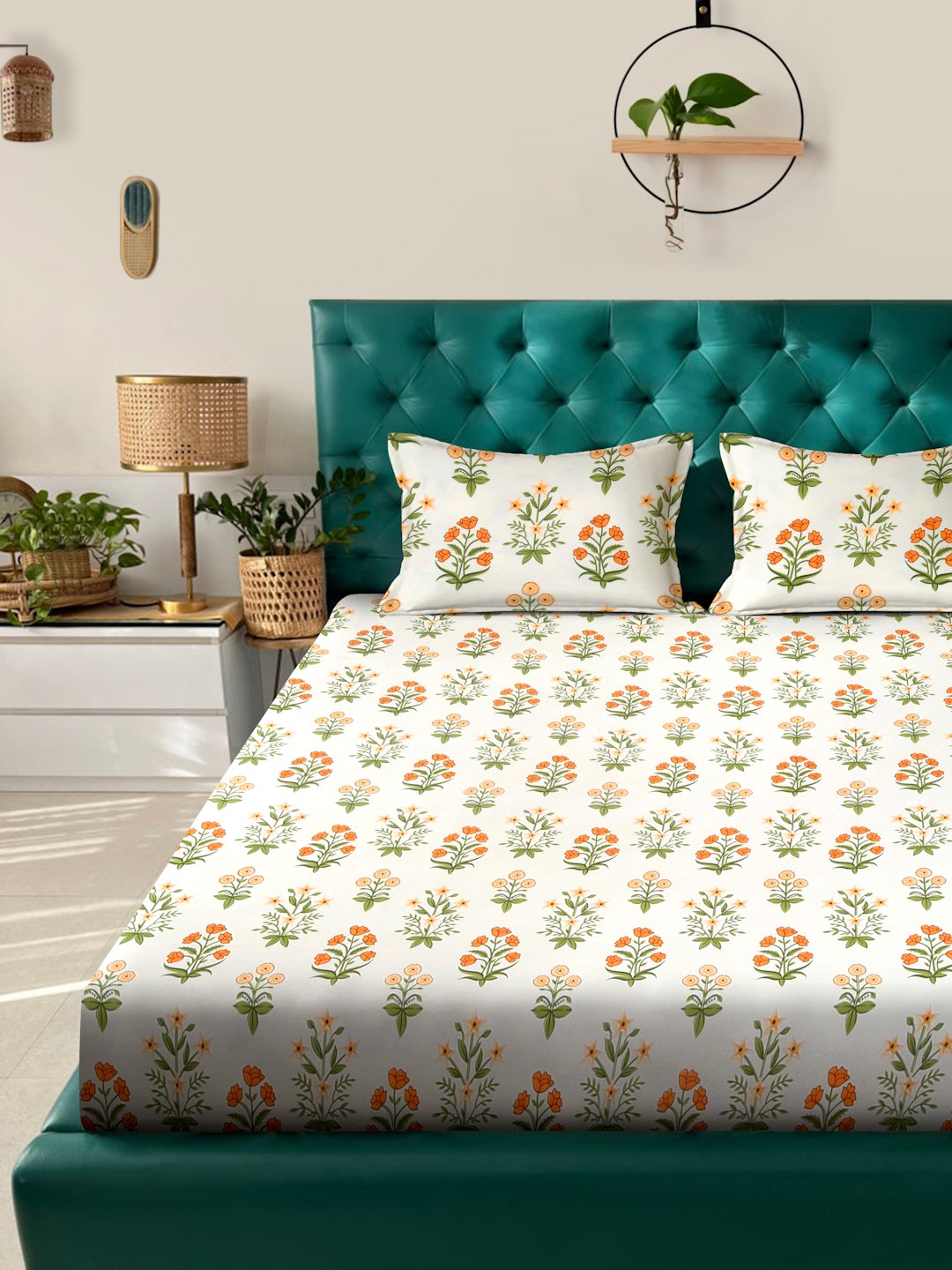 Cream Floral 300 TC Cotton Blend Double Bedsheet in Book Fold Packing