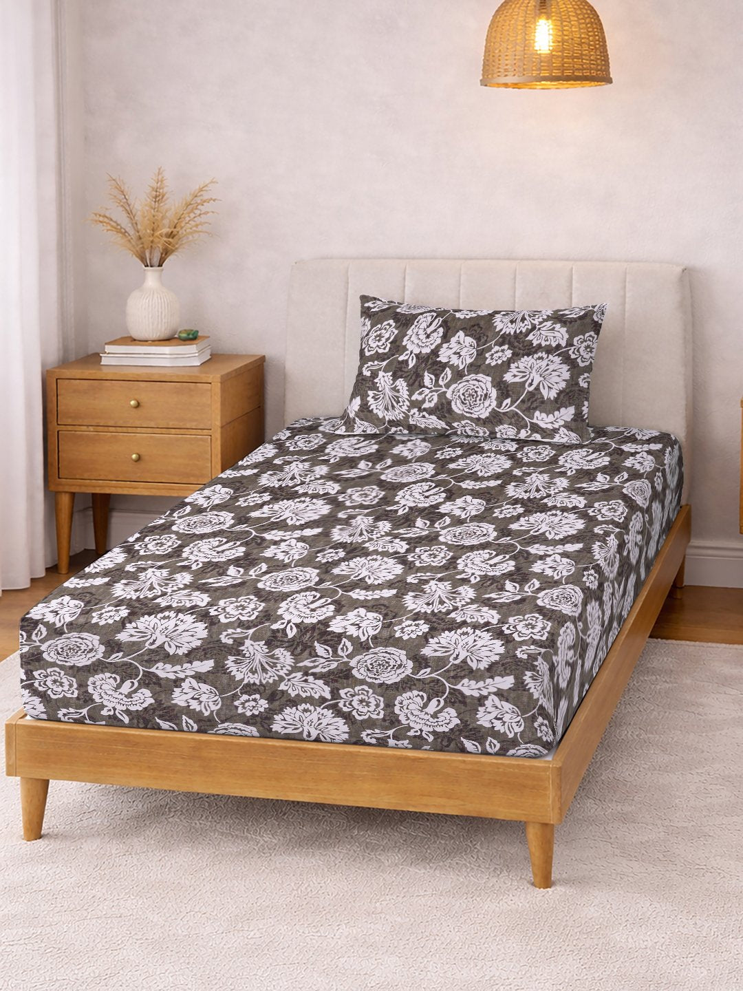 Brown Floral Cotton Blend Single Bedsheet with Pillow Cover