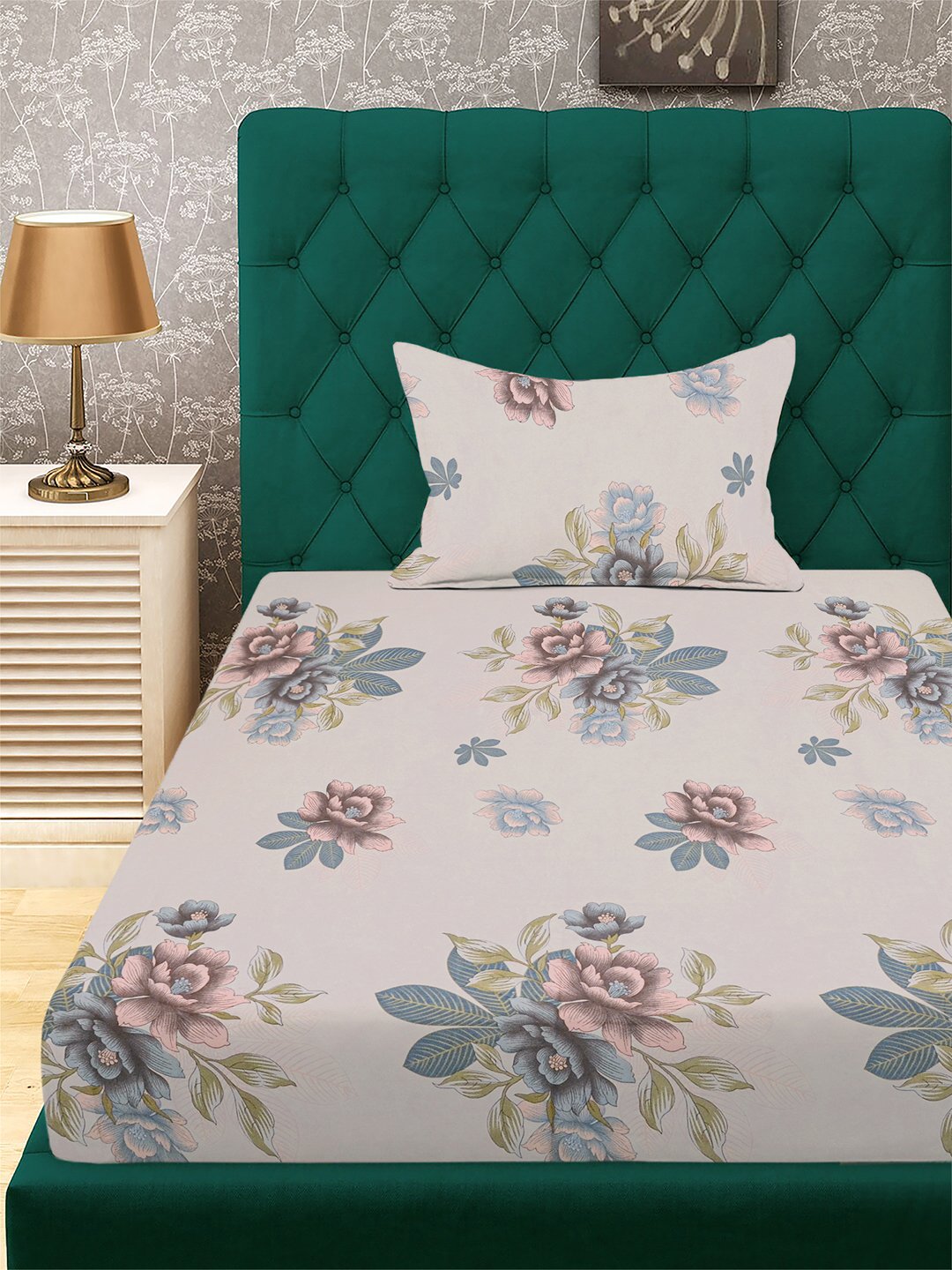 Beige Floral 300 TC Cotton Blend Single Bedsheet with Pillow Cover