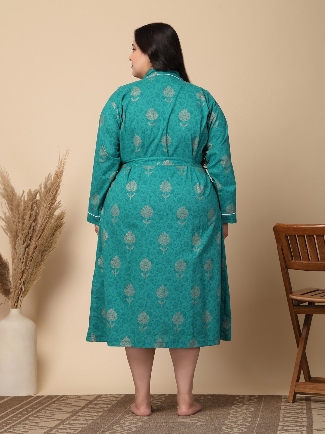 Women Printed Green Floral Plus Size Pure Cotton Bath Robe With Belt