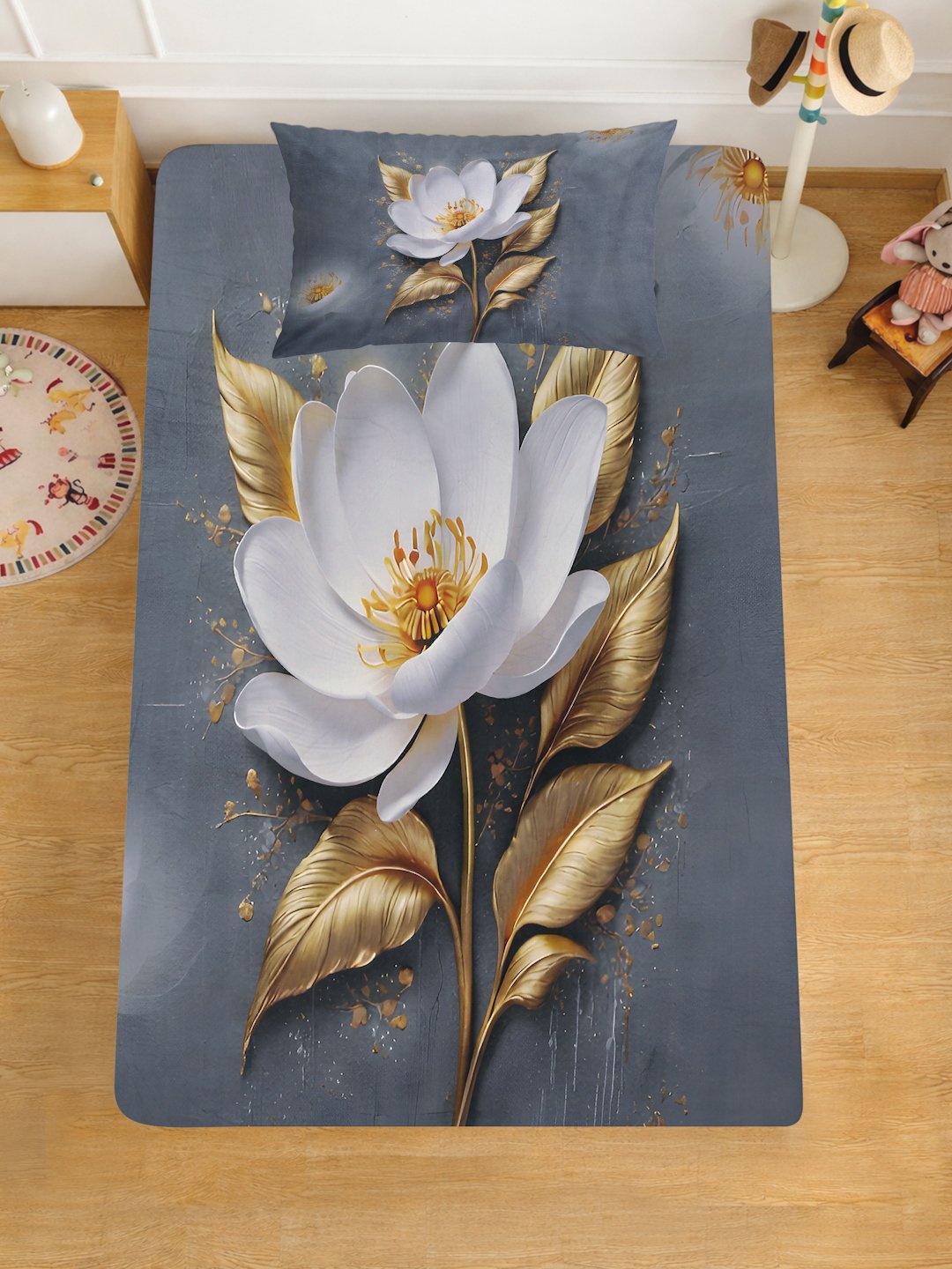 Grey Digital Floral Printed Cotton Blend Single Bedsheet with Pillow Cover