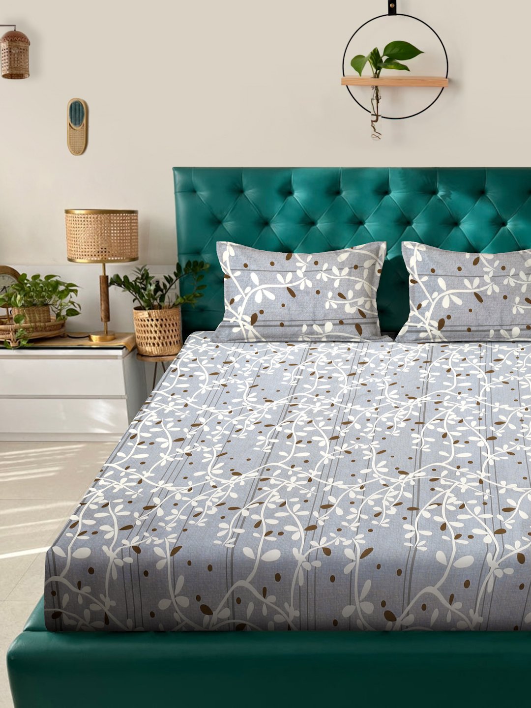 Grey Floral  300 TC Cotton Blend Double Bedsheet in Book Fold Packing