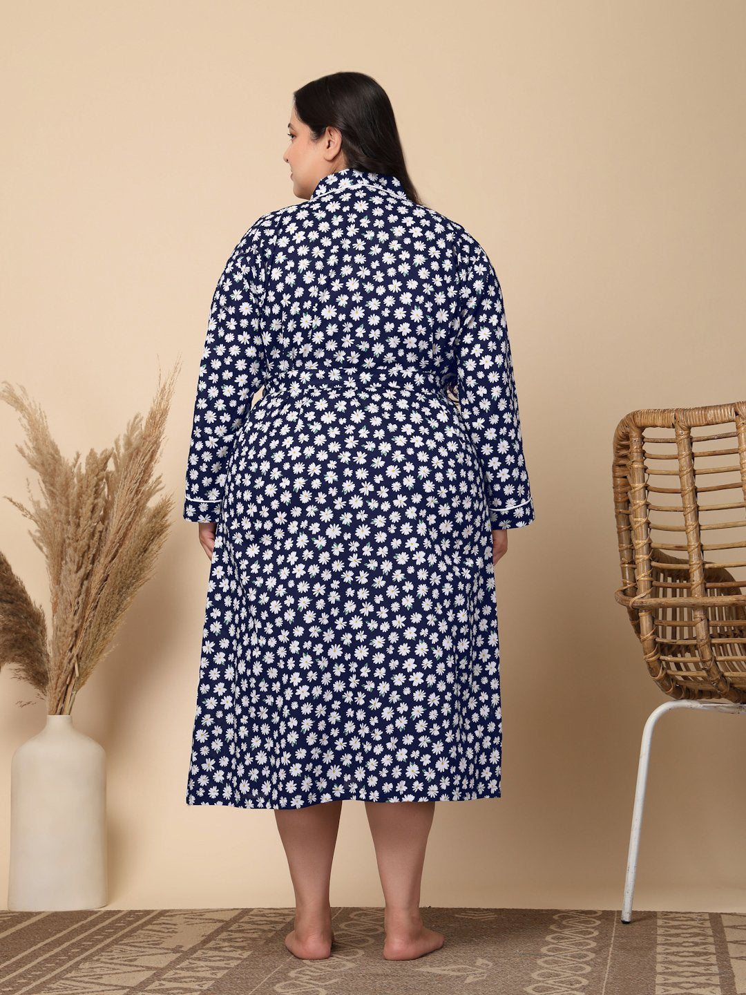 Women Printed Blue Floral Plus Size Pure Cotton Bath Robe With Belt