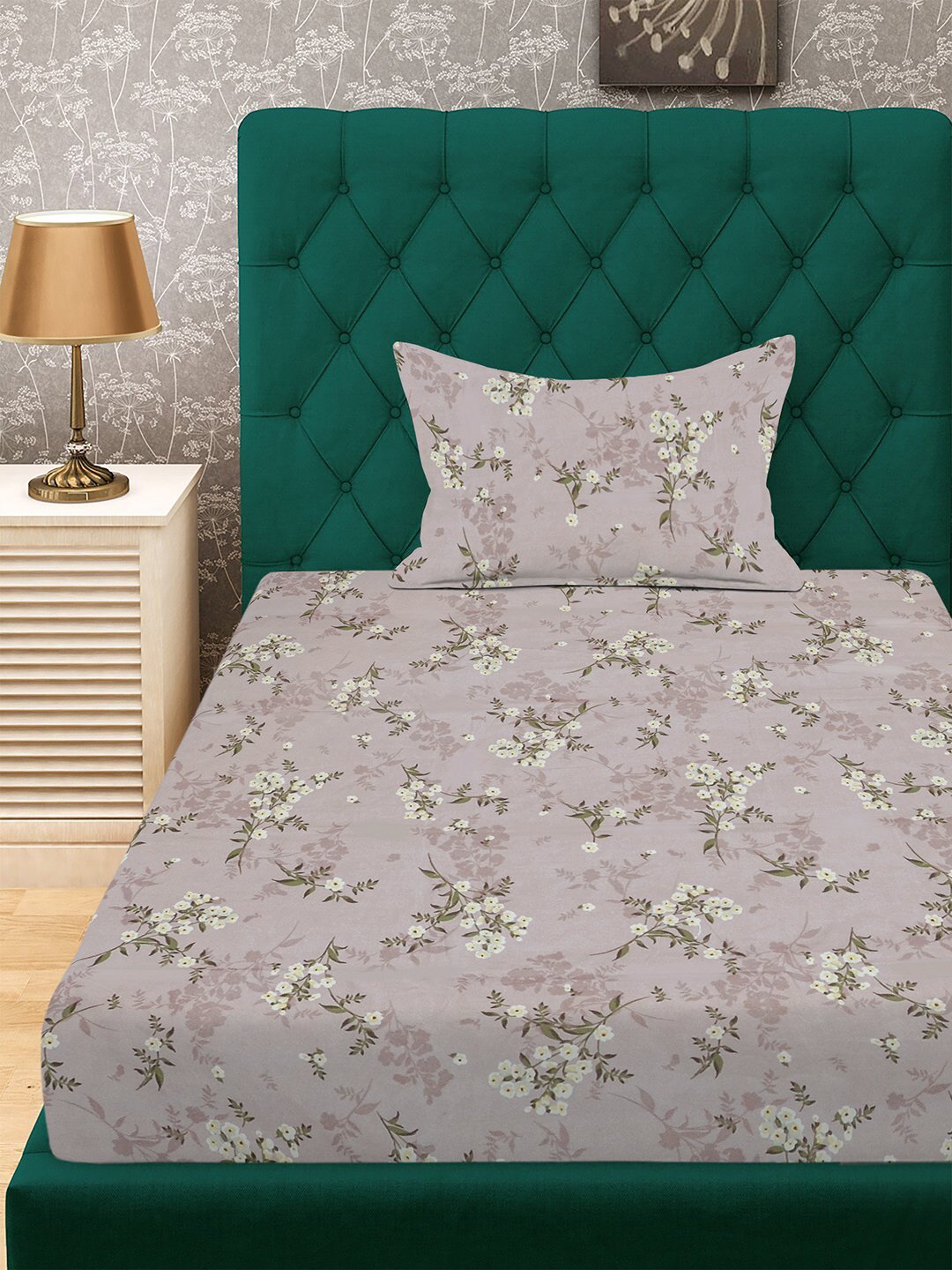 Brown Floral 300 TC Cotton Blend Single Bedsheet with Pillow Cover