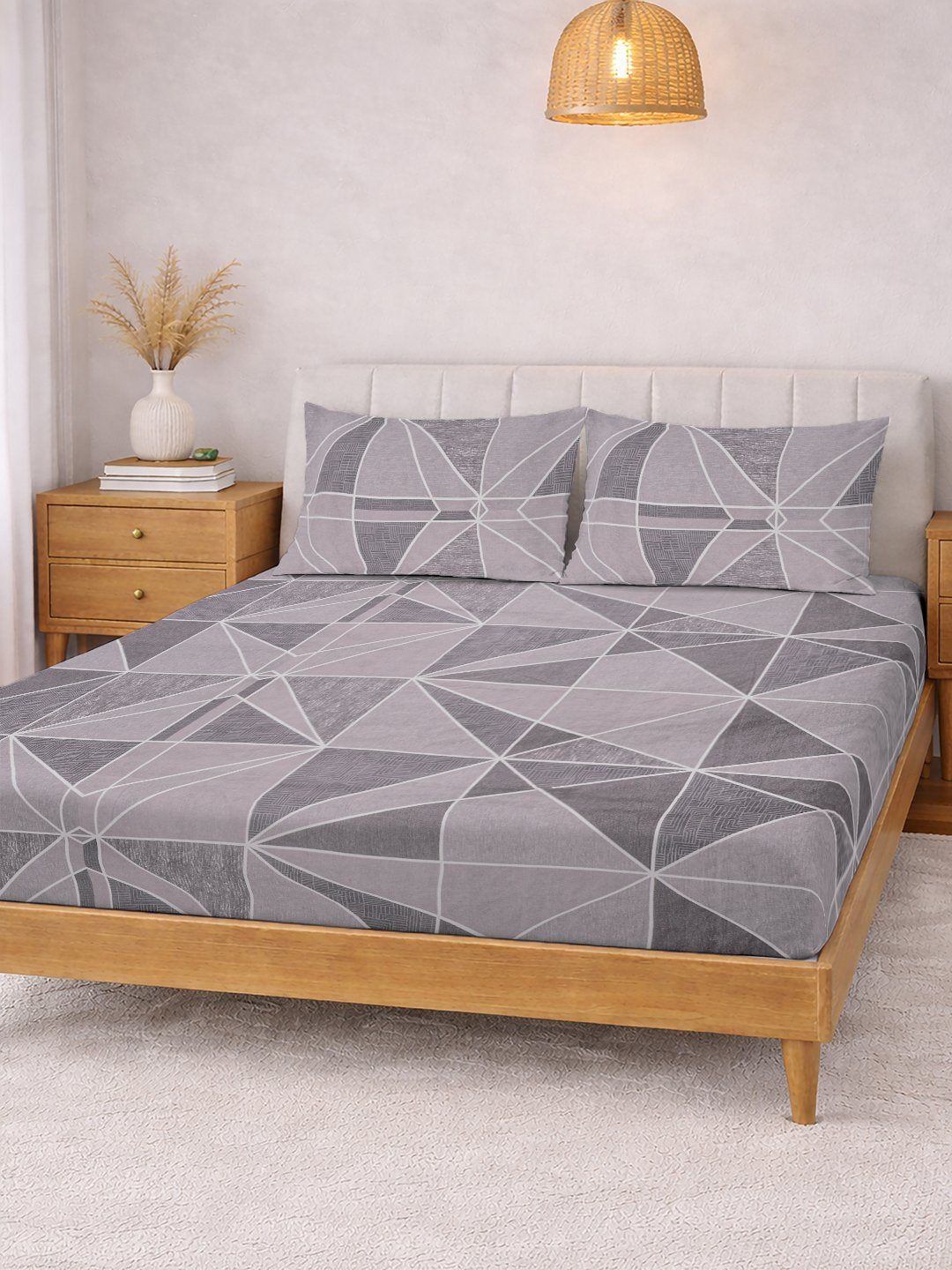 Purple Geometric Cotton Blend Double Bedsheet with 2 Pillow Covers