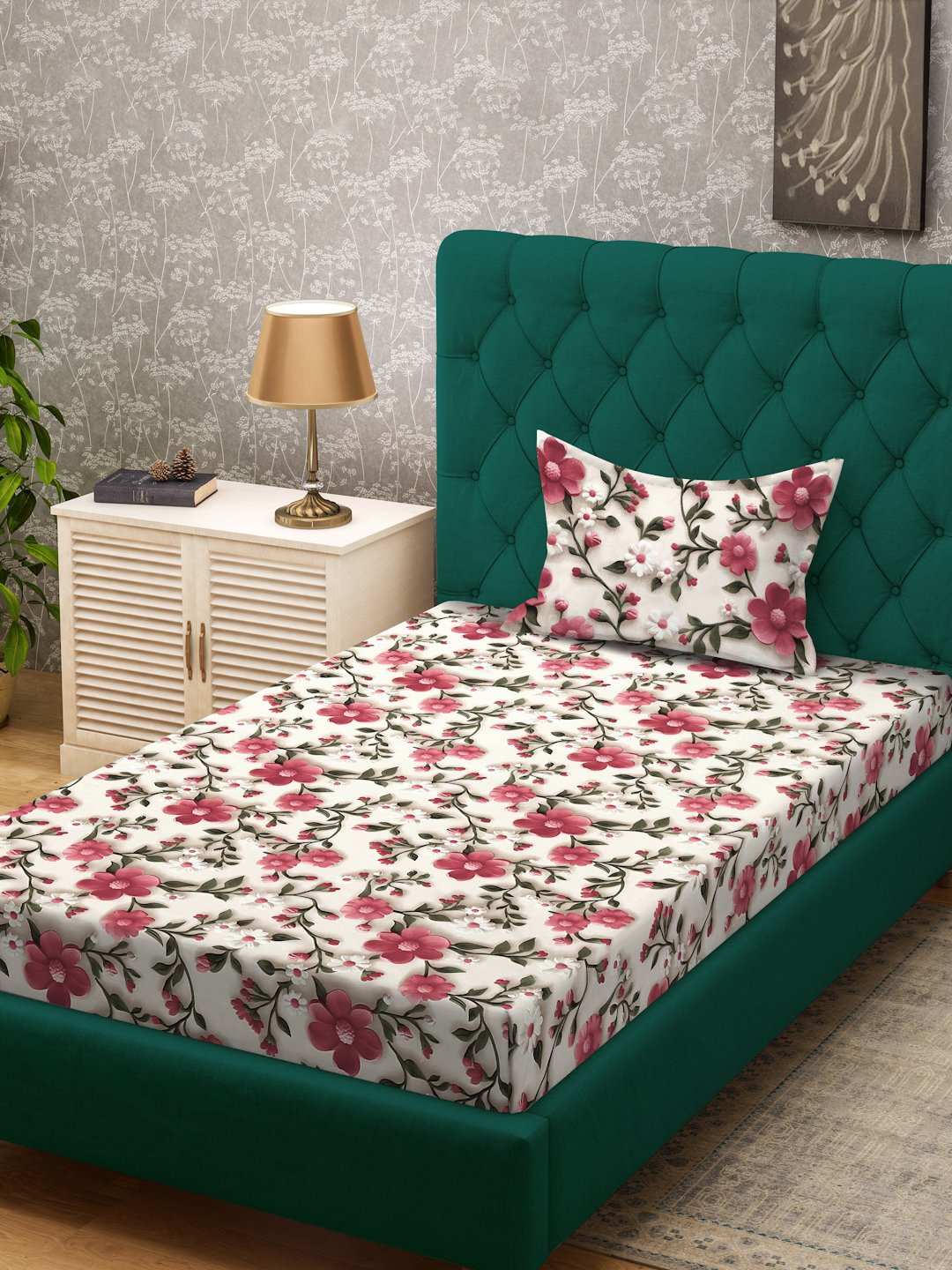 Cream Floral 7D Cotton Blend Single Bedsheet with Pillow Cover