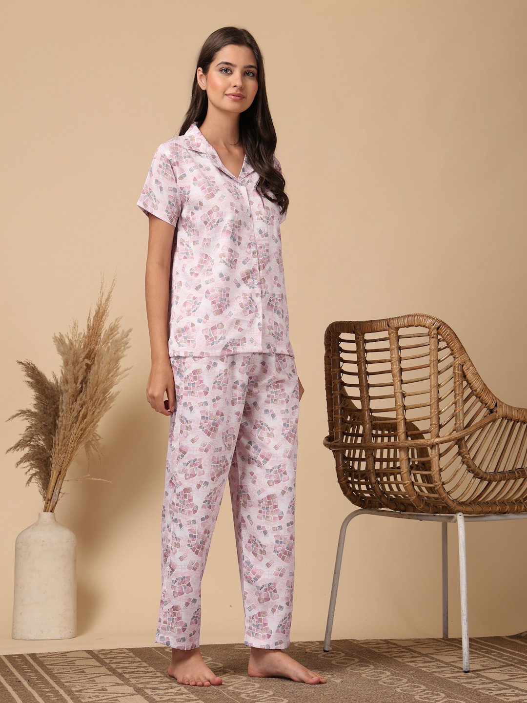 Pink Striped Cotton Blend Women Night Suit