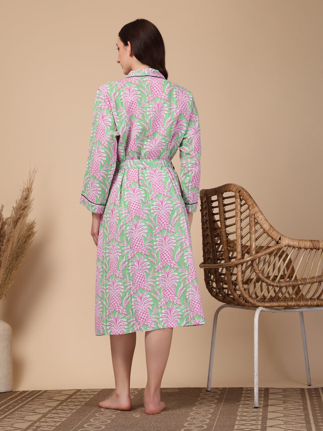 Women Printed Green Floral Pure Cotton Bath Robe With Belt