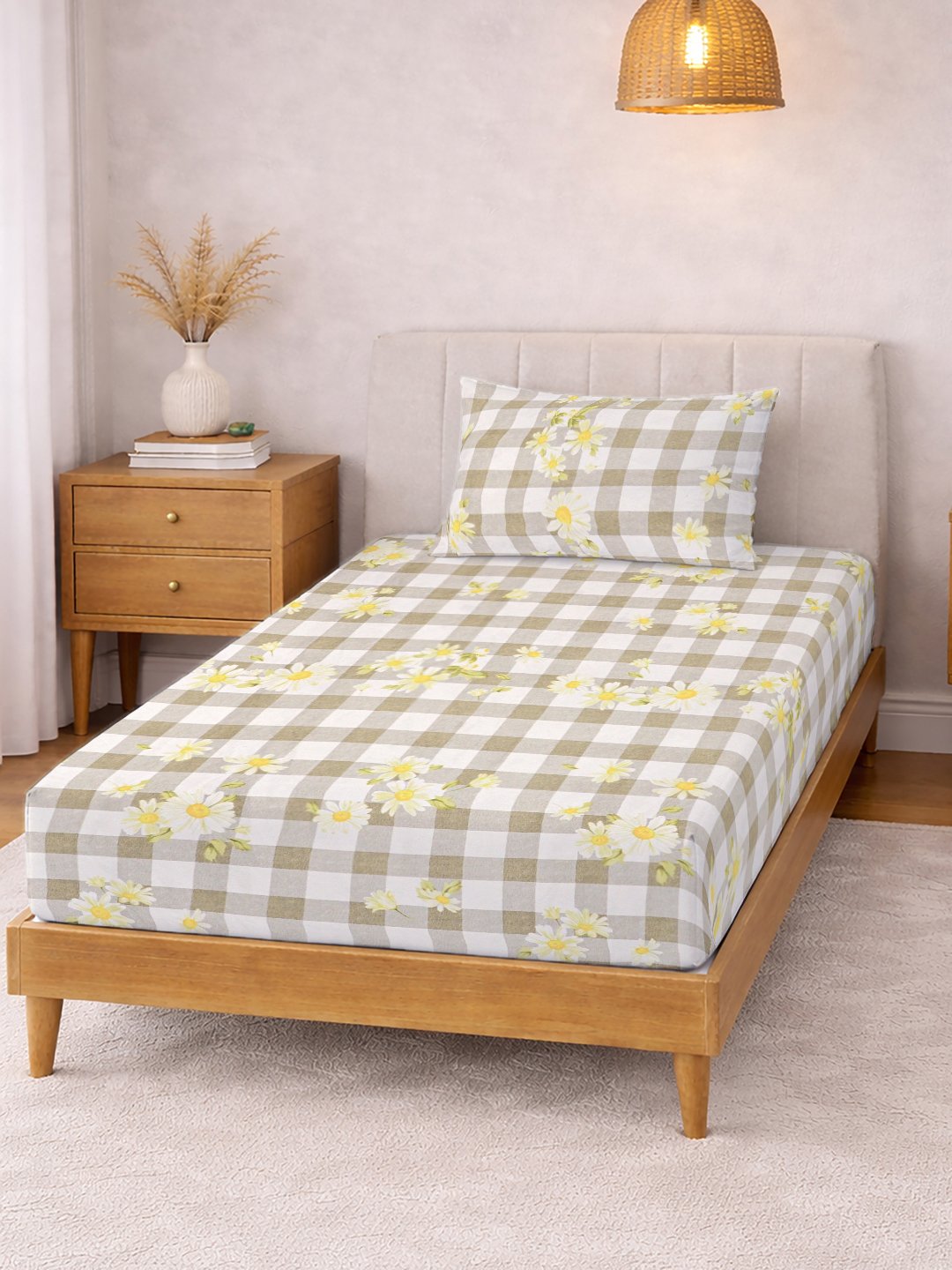Beige Floral Cotton Blend Fitted Single Bedsheet with Pillow Cover