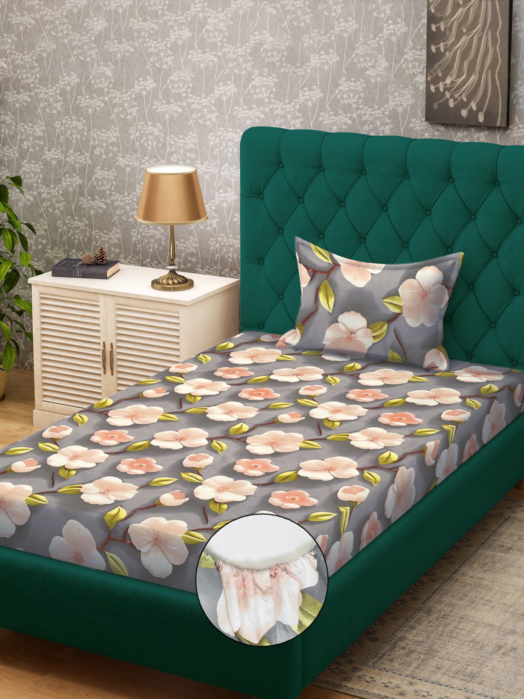 Grey Floral 7D Cotton Blend Fitted Single Bedsheet with Pillow Cover