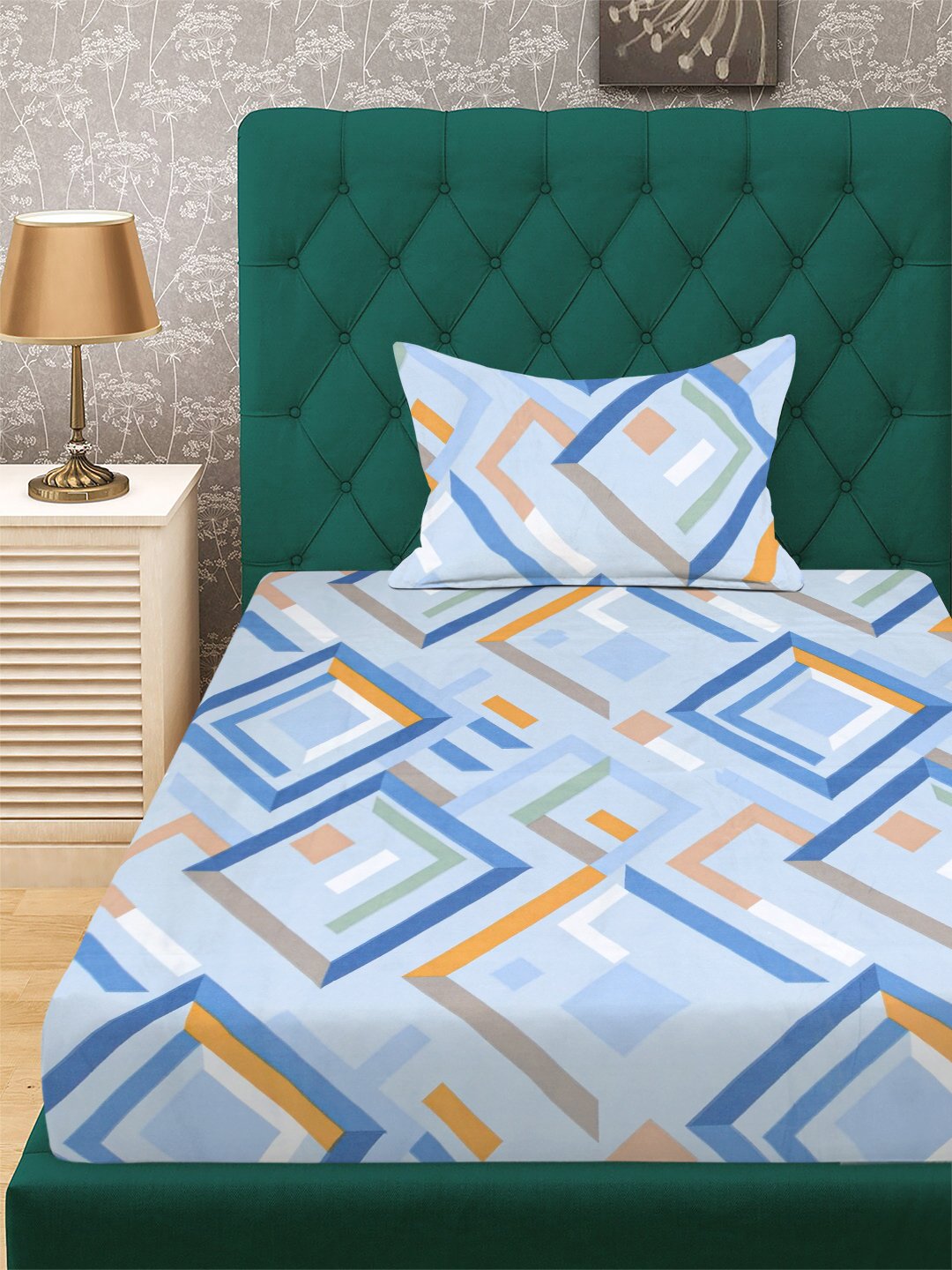 Blue Geometric 300 TC Cotton Blend Fitted Single Bedsheet with Pillow Cover