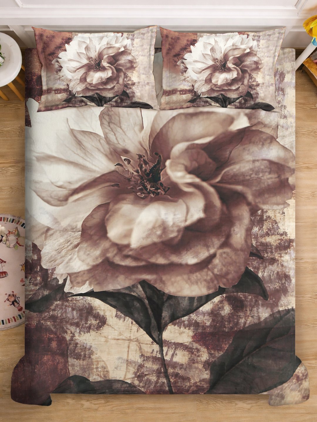 Brown 7D Floral Printed Fitted Cotton Blend Double Bedsheet with 2 Pillow Covers