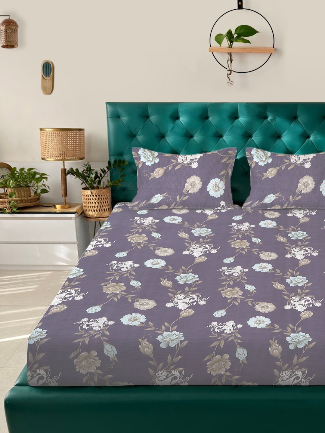 Multi Floral 300 TC Cotton Blend Fitted Double Bedsheet with 2 Pillow Covers