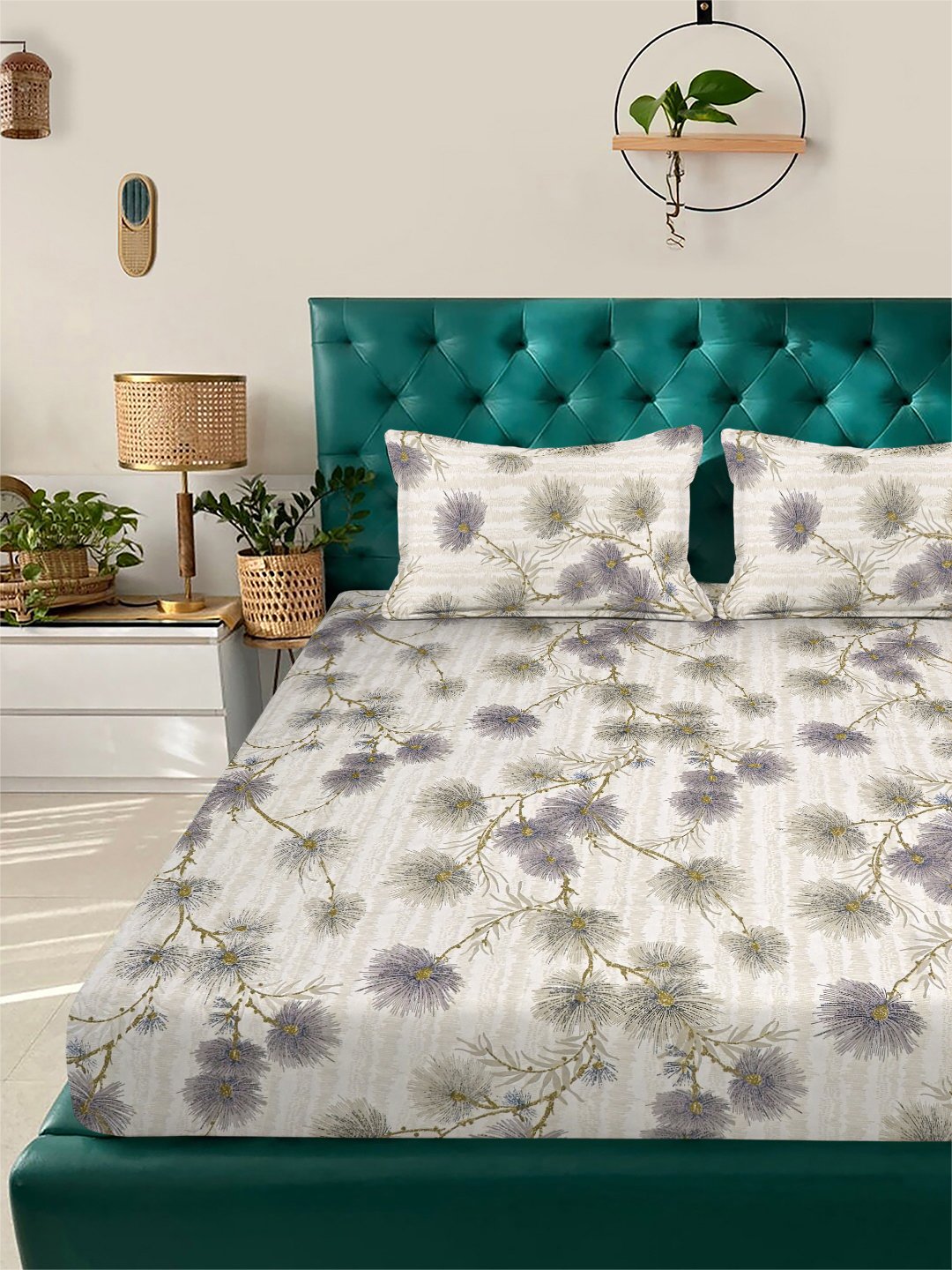 Beige Floral 300 TC Cotton Blend Fitted Double Bedsheet with 2 Pillow Covers