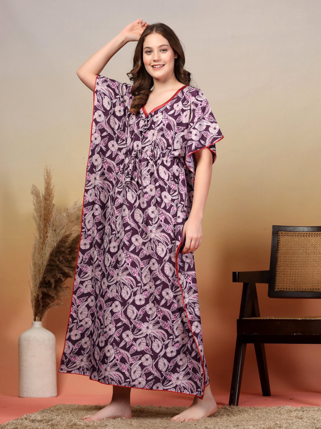 Purple Floral Cotton Blend Kaftan Maxi Nightdress