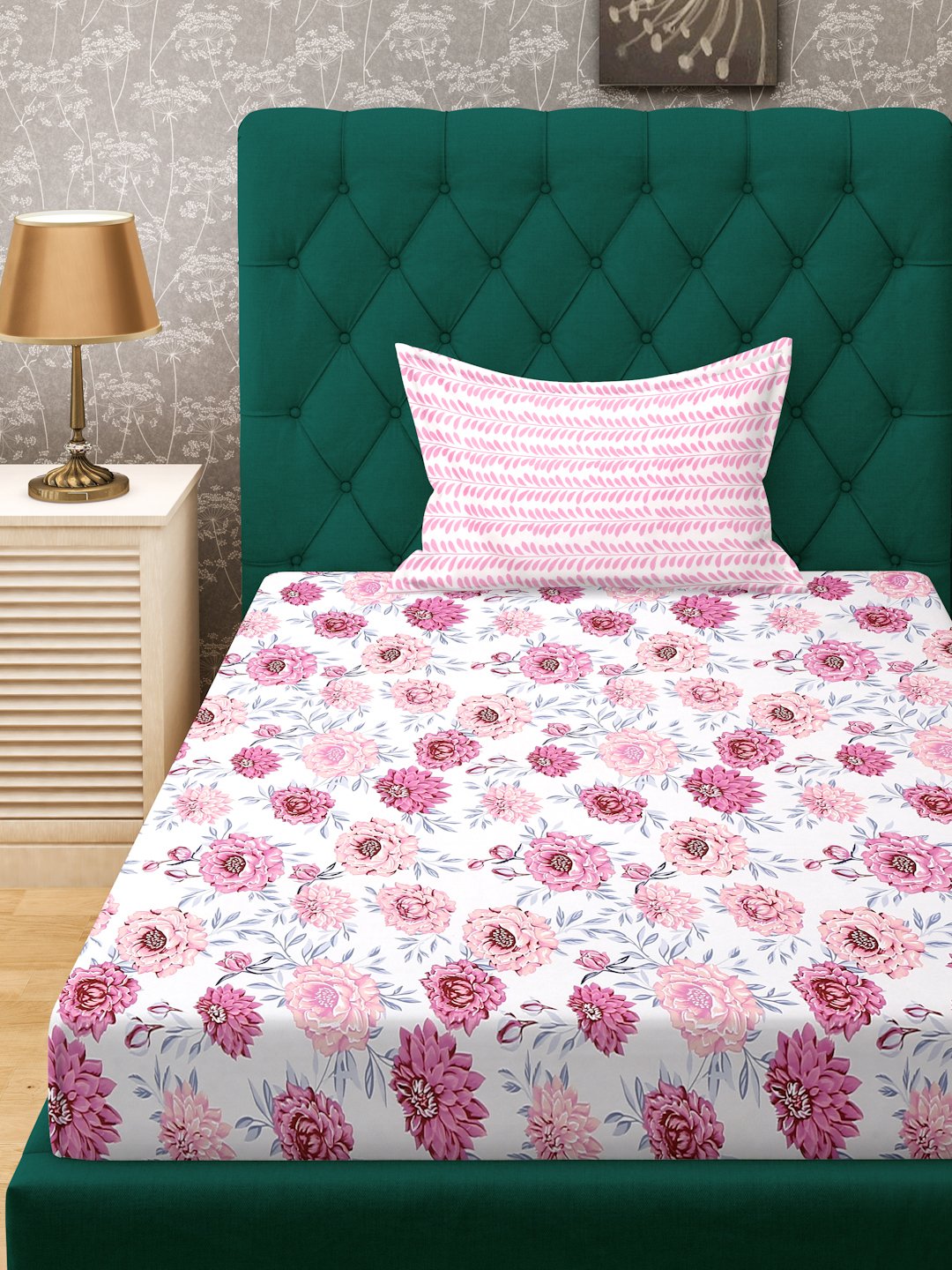 Pink Floral 300 TC Cotton Blend Single Bedsheet with Pillow Cover