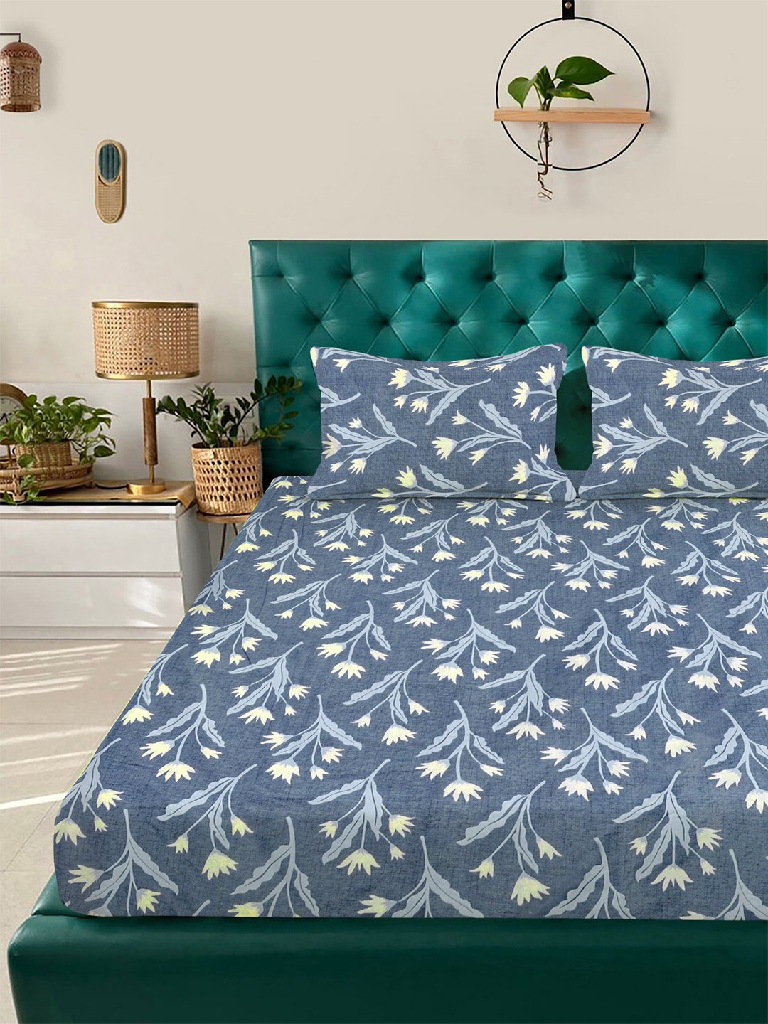 Blue Floral 300 TC Cotton Blend Double Bedsheet with 2 Pillow Covers