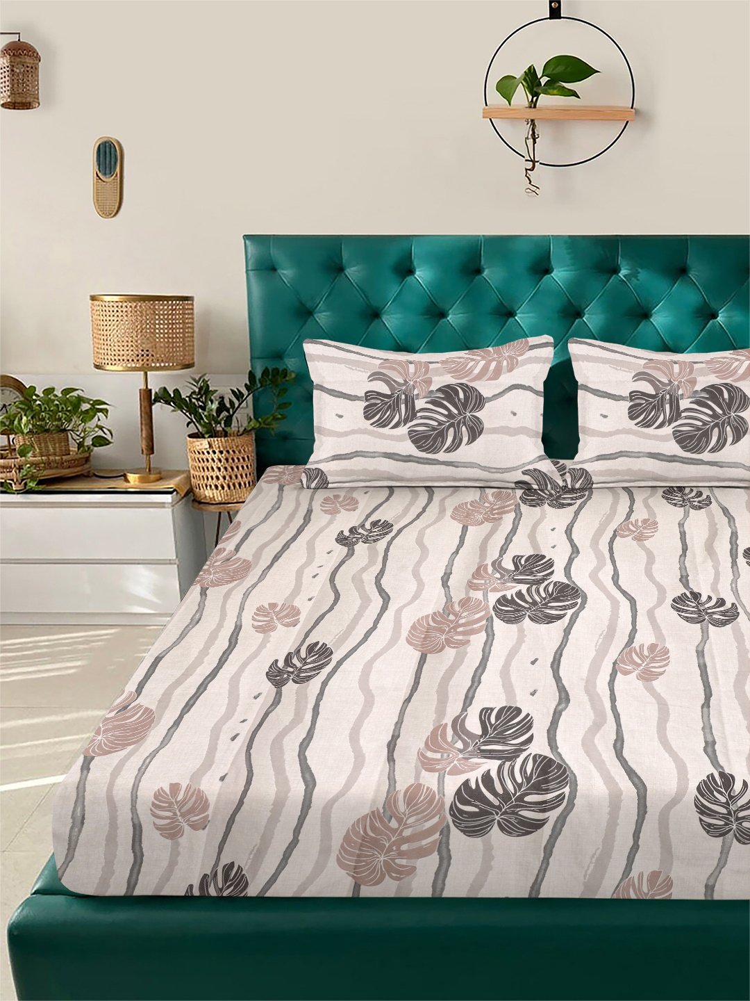 Beige Floral 300 TC Cotton Blend Fitted Double Bedsheet with 2 Pillow Covers
