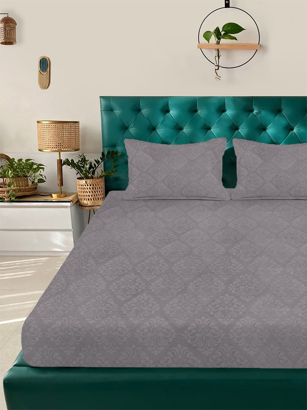 Grey Floral Embossed Cotton Blend Double Bedsheet with 2 Pillow Covers