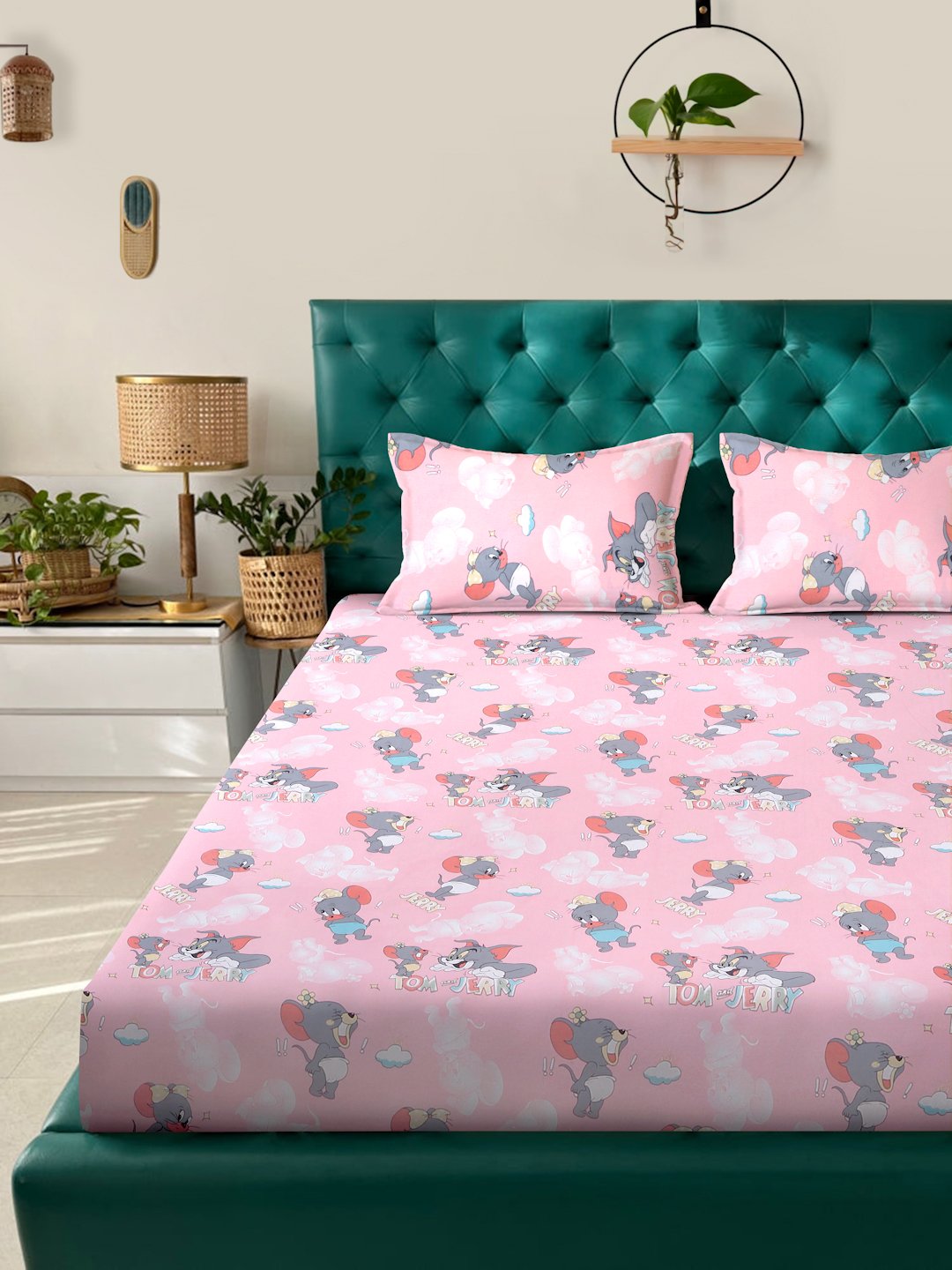 Pink Cartoon Characters 400 TC Pure Cotton Double Bedsheet with 2 Pillow Covers