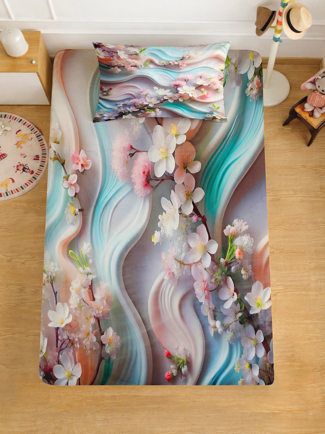 Multi Digital Floral Printed Cotton Blend Single Bedsheet with Pillow Cover