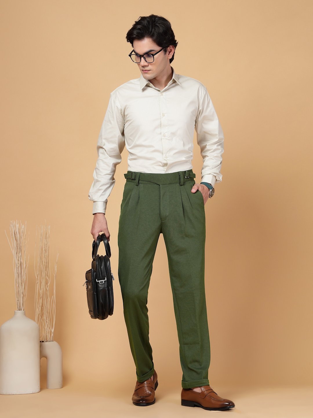 Olive Lycra Cotton Solid Smart Fit Formal Trouser