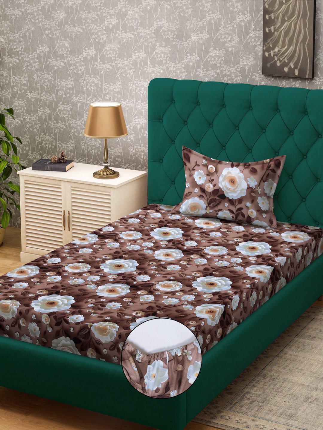 Brown Floral 7D Cotton Blend Fitted Single Bedsheet with Pillow Cover