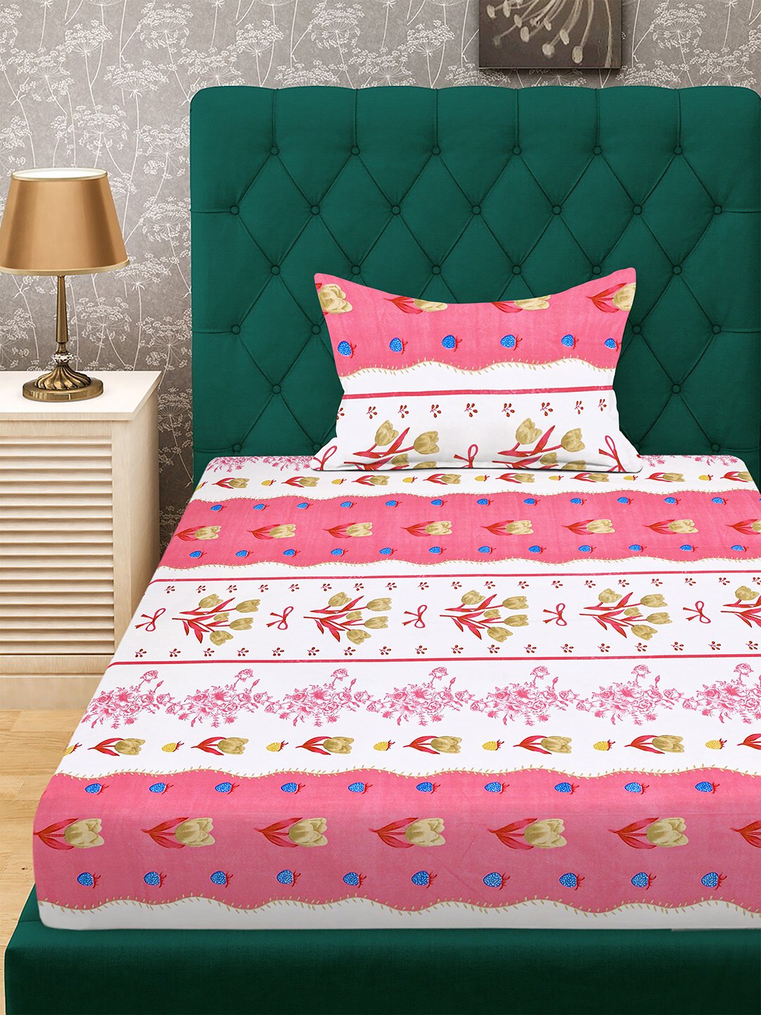 Pink Floral 300 TC Cotton Blend Single Bedsheet with Pillow Cover