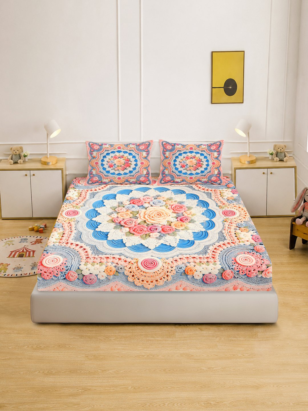 Digital Printed Multi Floral Cotton Blend Double Bedsheet with 2 Pillow Covers