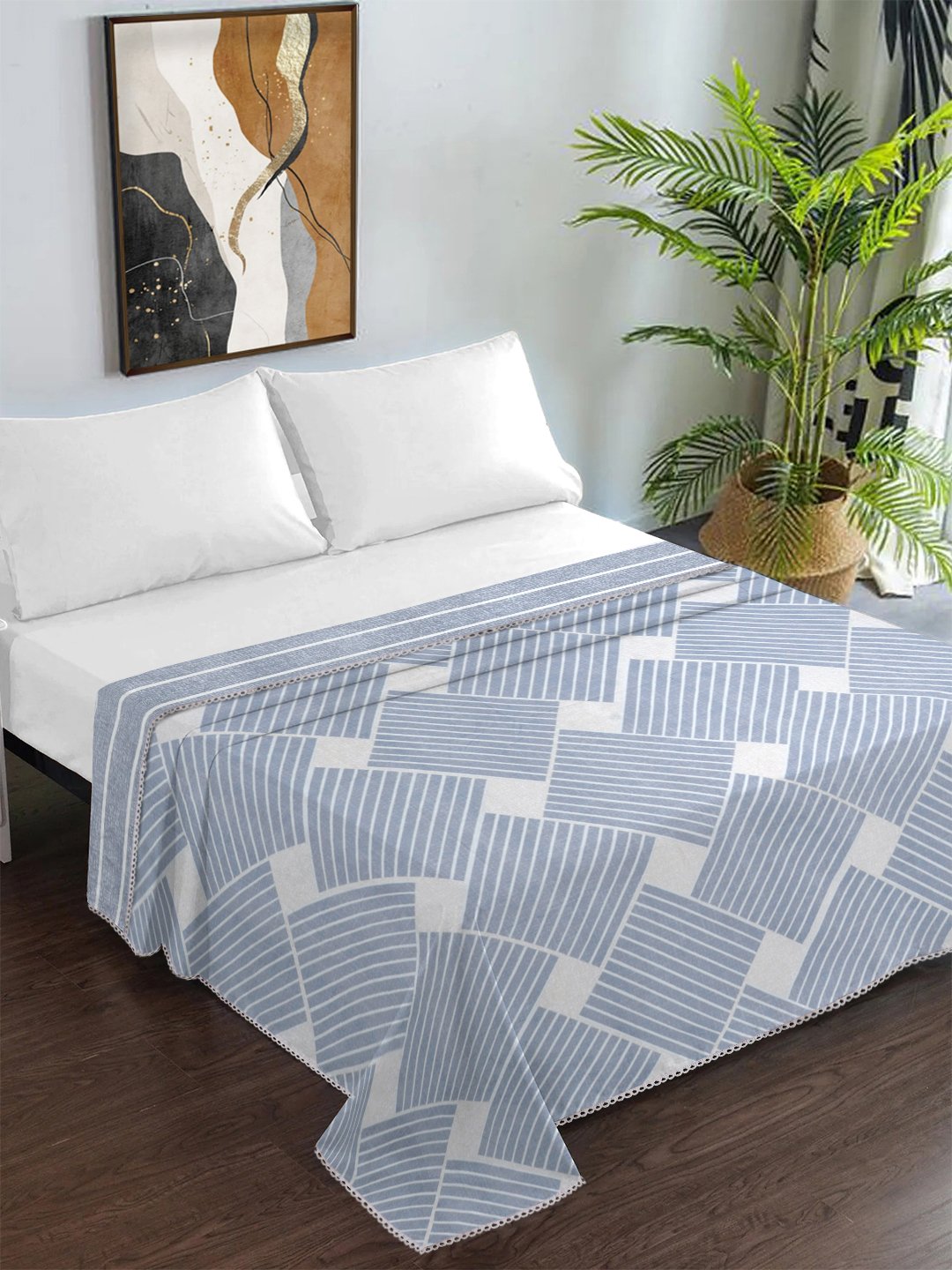 Blue Cotton Blend Geometric Double Bed Dohar