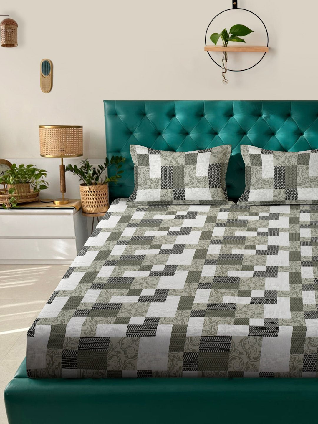 Olive Geometric 400 TC Pure Cotton Double Bedsheet in Book Fold Packing