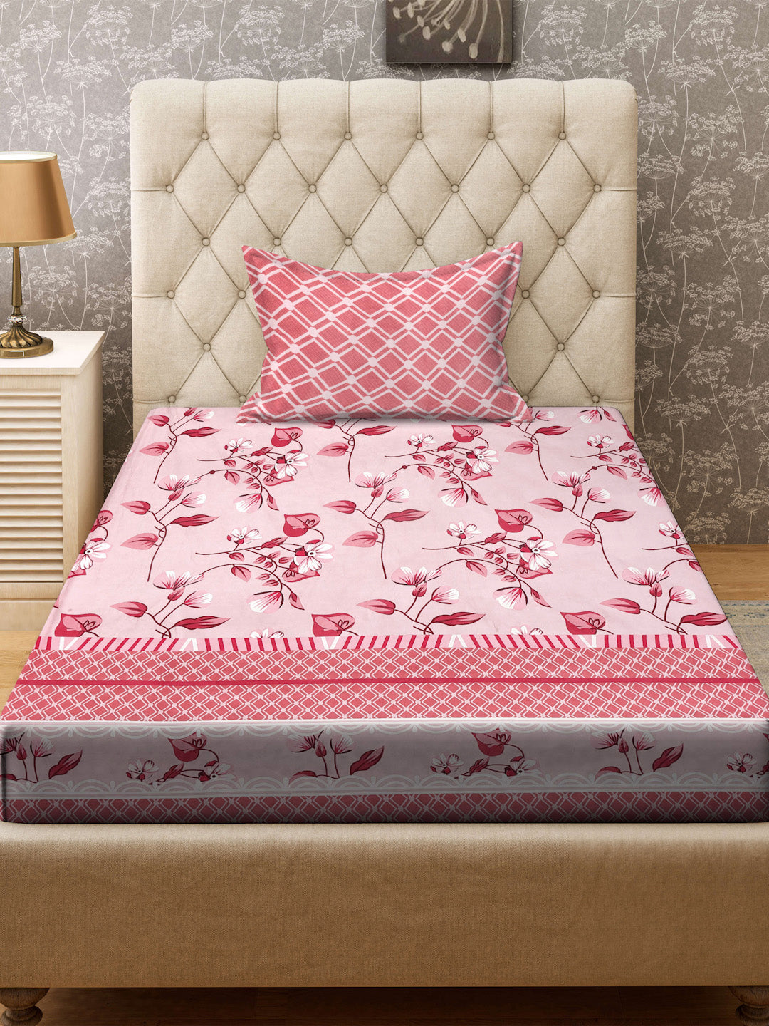 Klotthe Red Floral 300 TC Cotton Blend Fitted Single Bedsheet with Pillow Cover