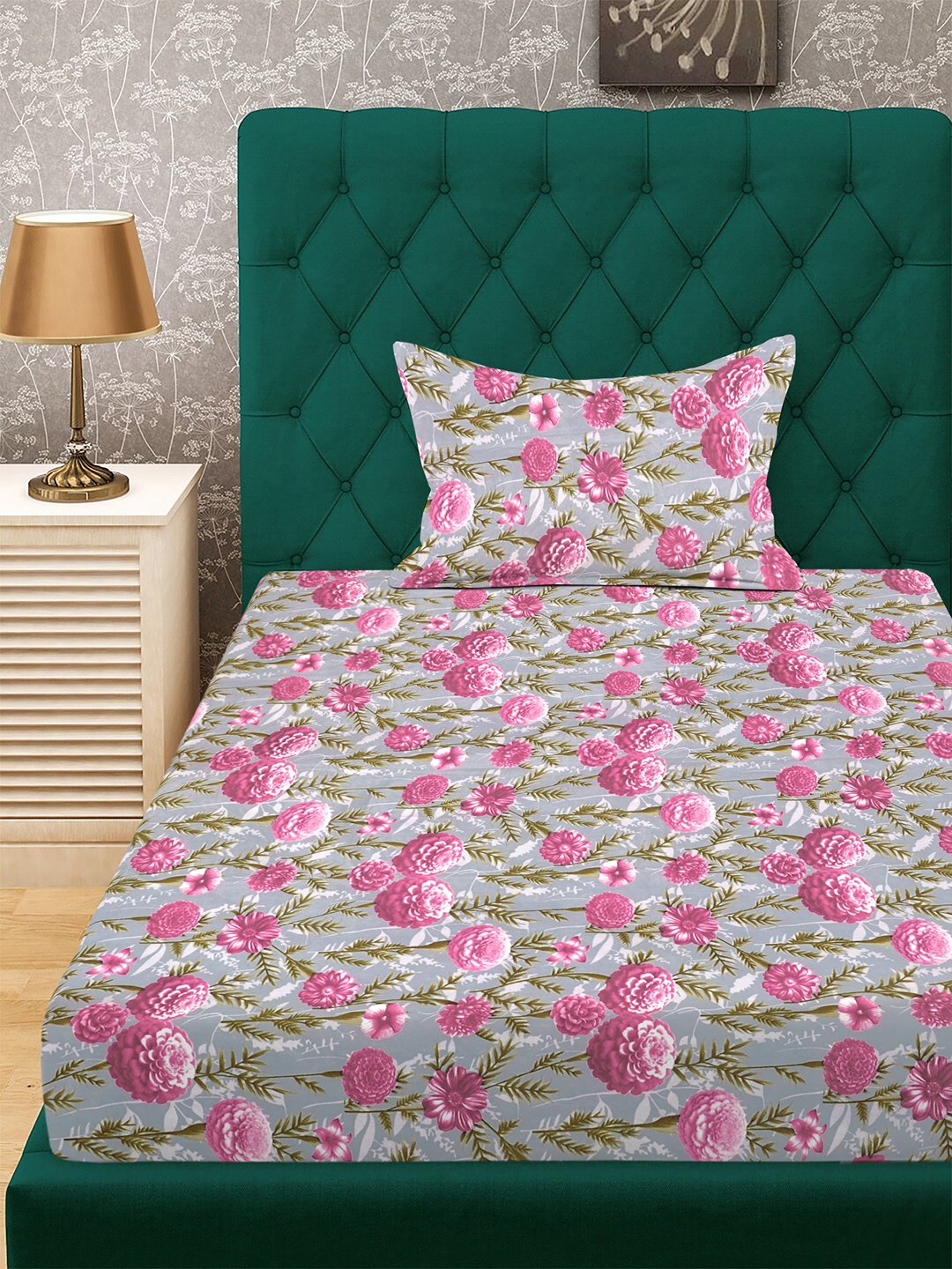 Pink Floral 300 TC Cotton Blend Single Bedsheet with Pillow Cover