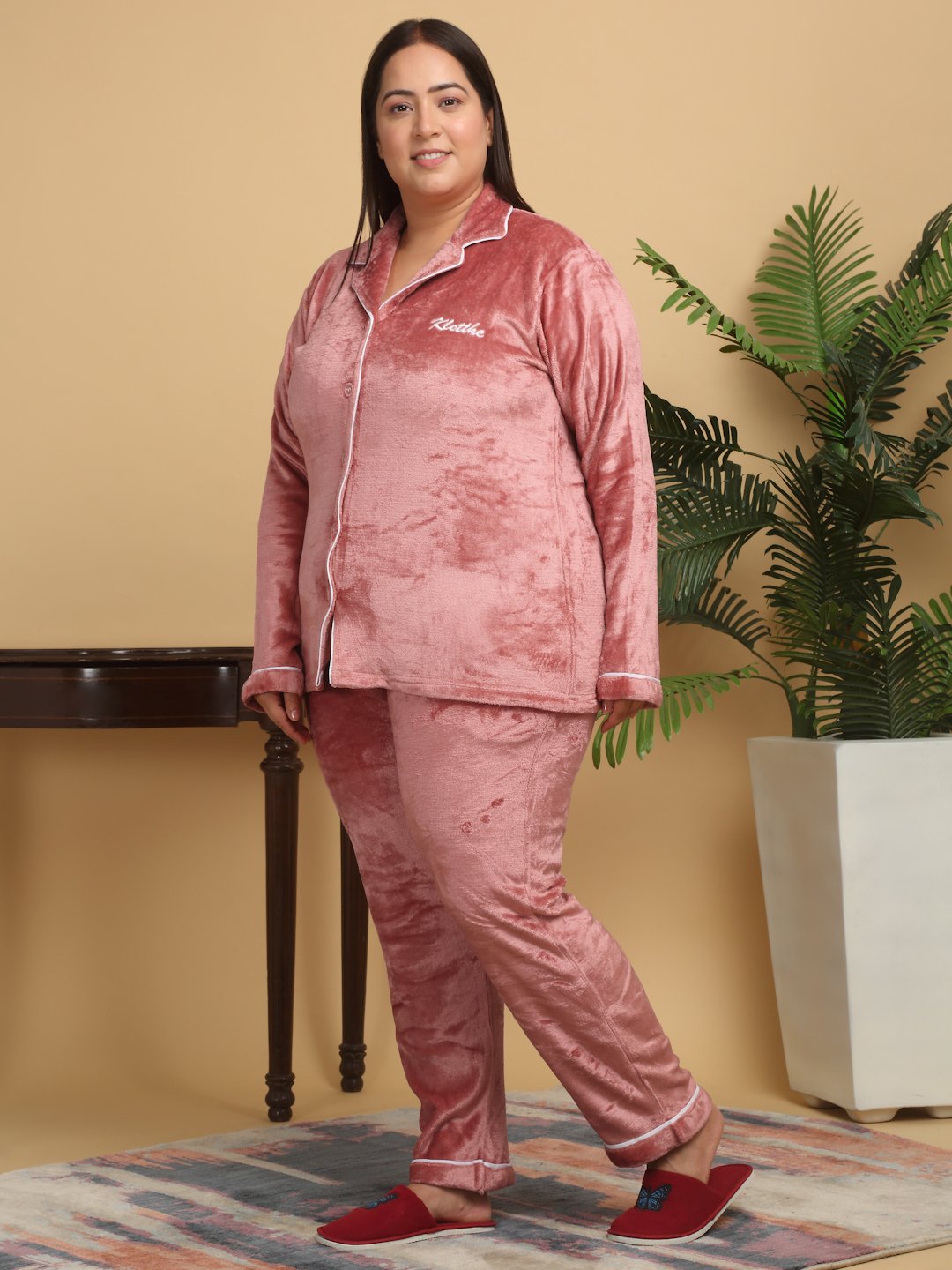 Women Rust Solid Plus Size Woolen Night Suit