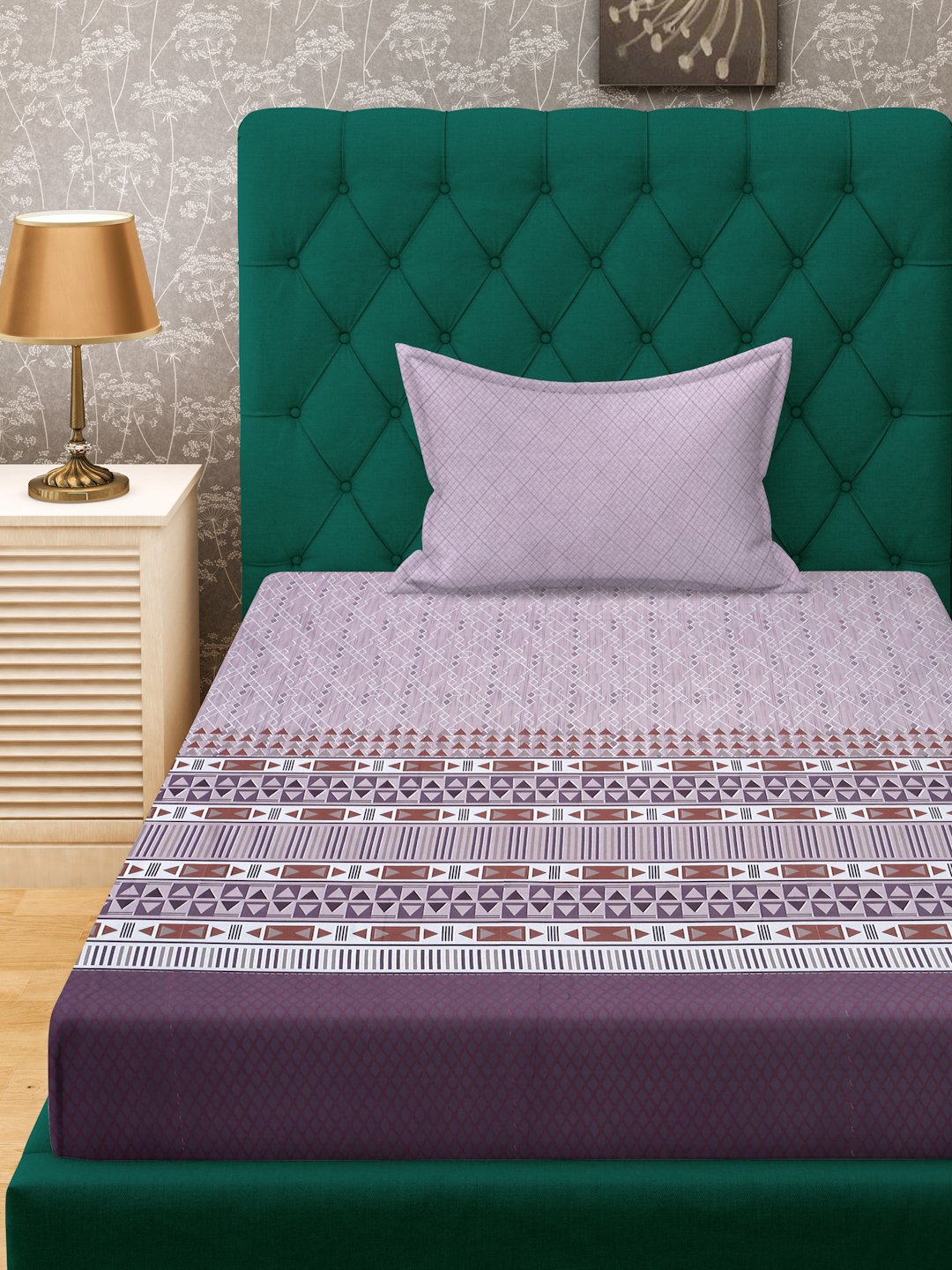 Purple Geometric 400 TC Pure Cotton Fitted Single Bedsheet with Pillow Cover
