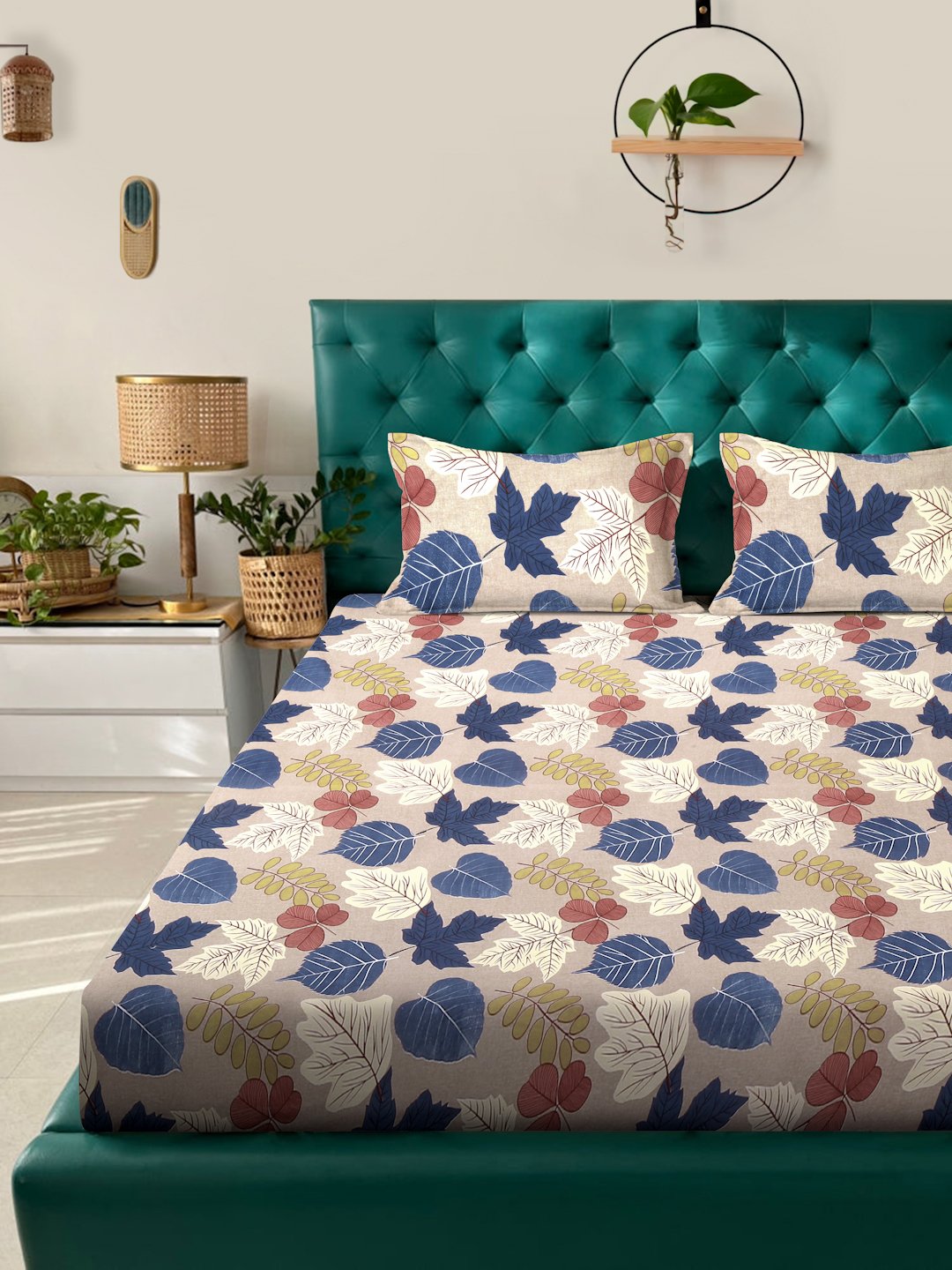 Brown Floral 300 TC Cotton Blend Double Bedsheet in Book Fold Packing