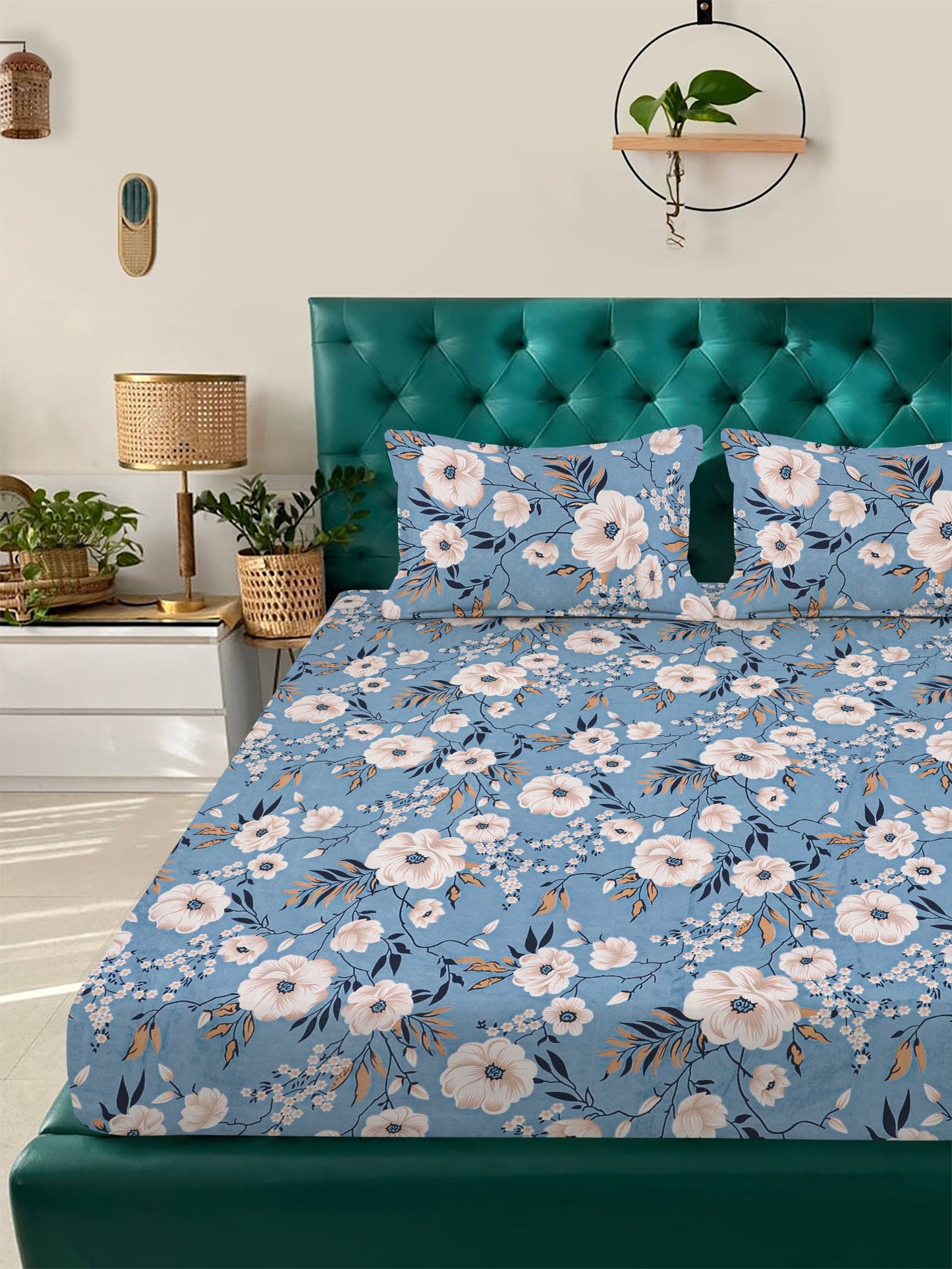 Blue Floral 300 TC Cotton Blend Double Bedsheet with 2 Pillow Covers