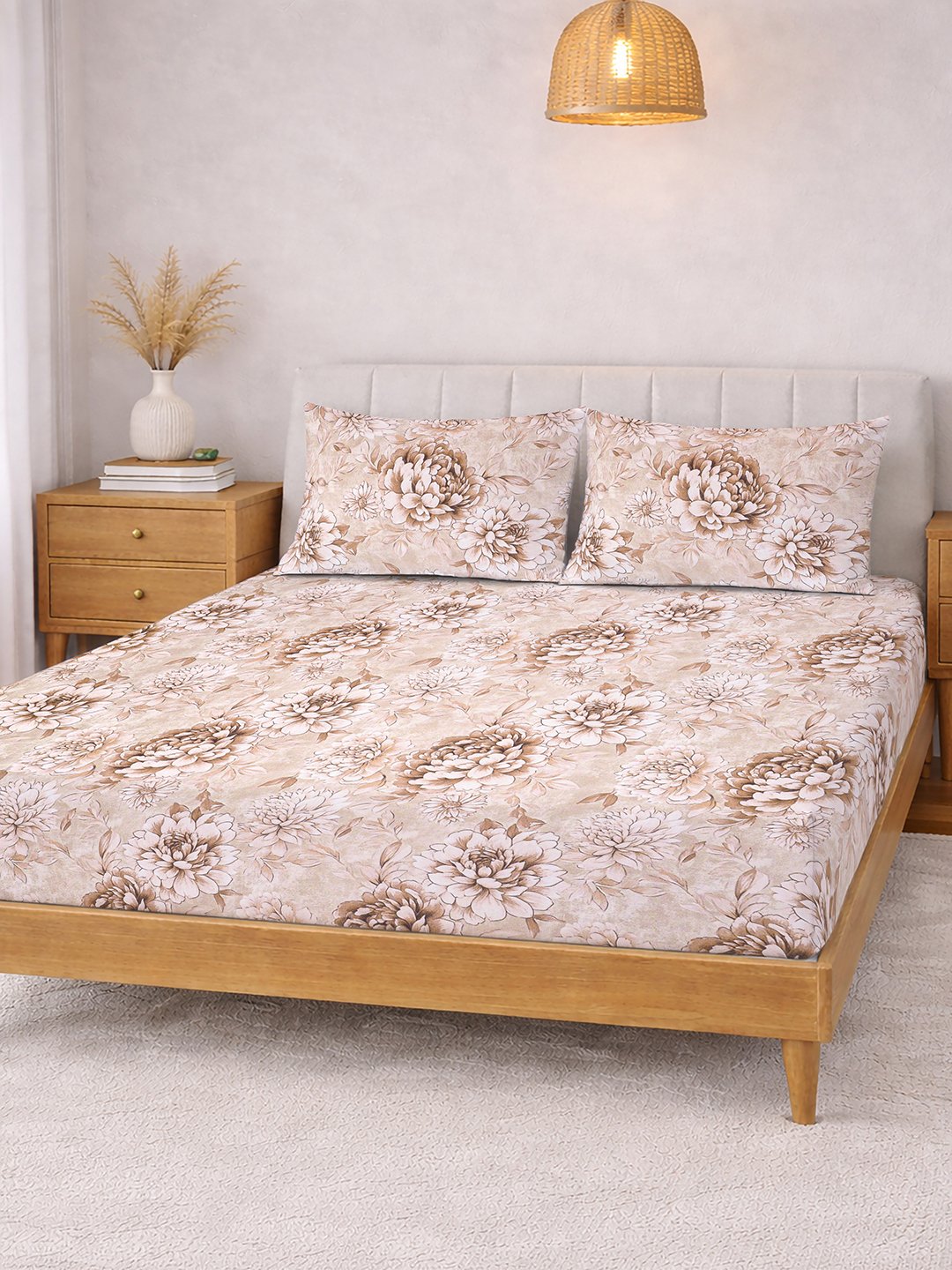 Beige Floral Fitted Fitted Cotton Blend Double Bedsheet with 2 Pillow Covers