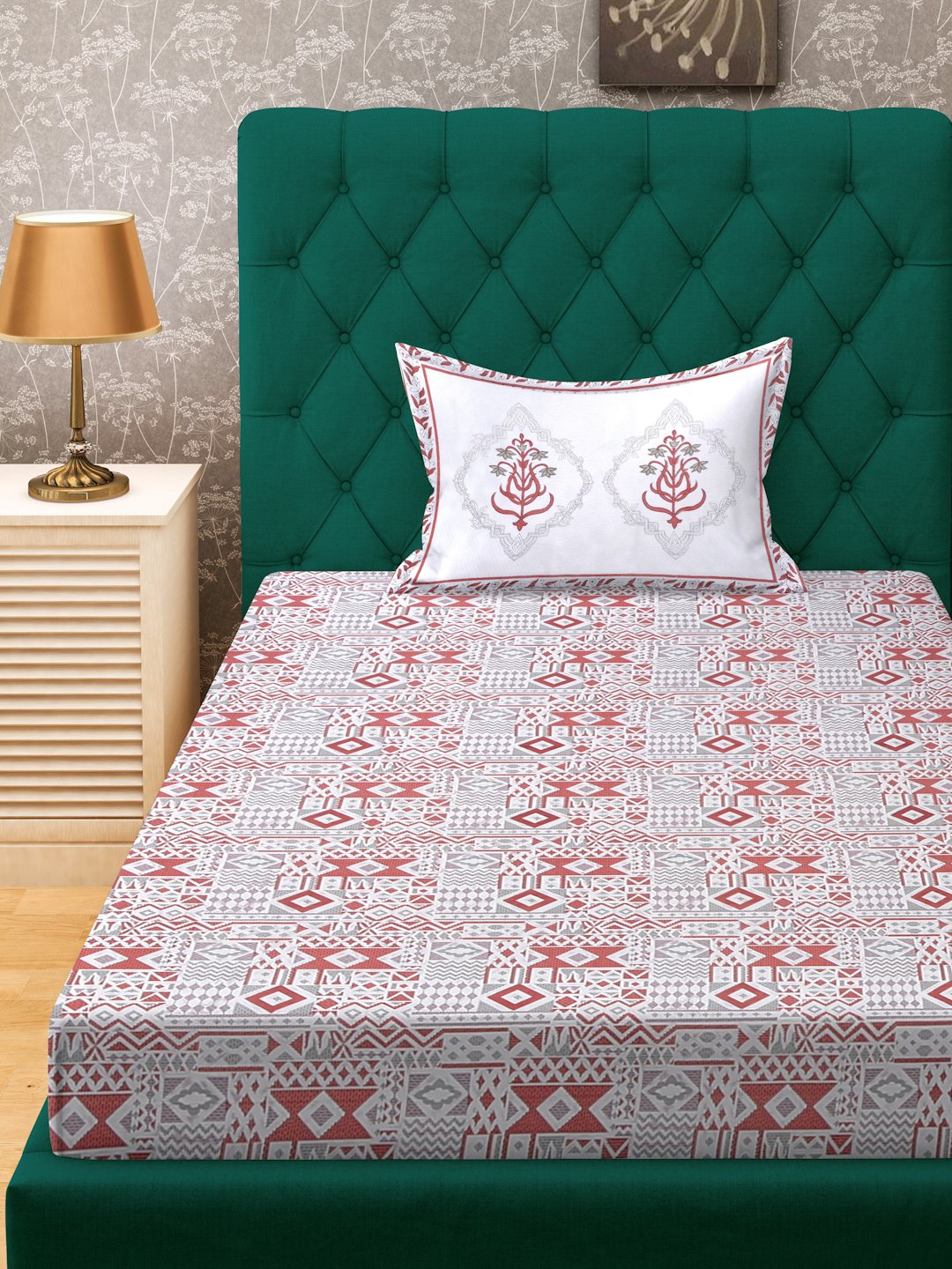 Red Geometric 400 TC Pure Cotton Fitted Single Bedsheet with Pillow Cover