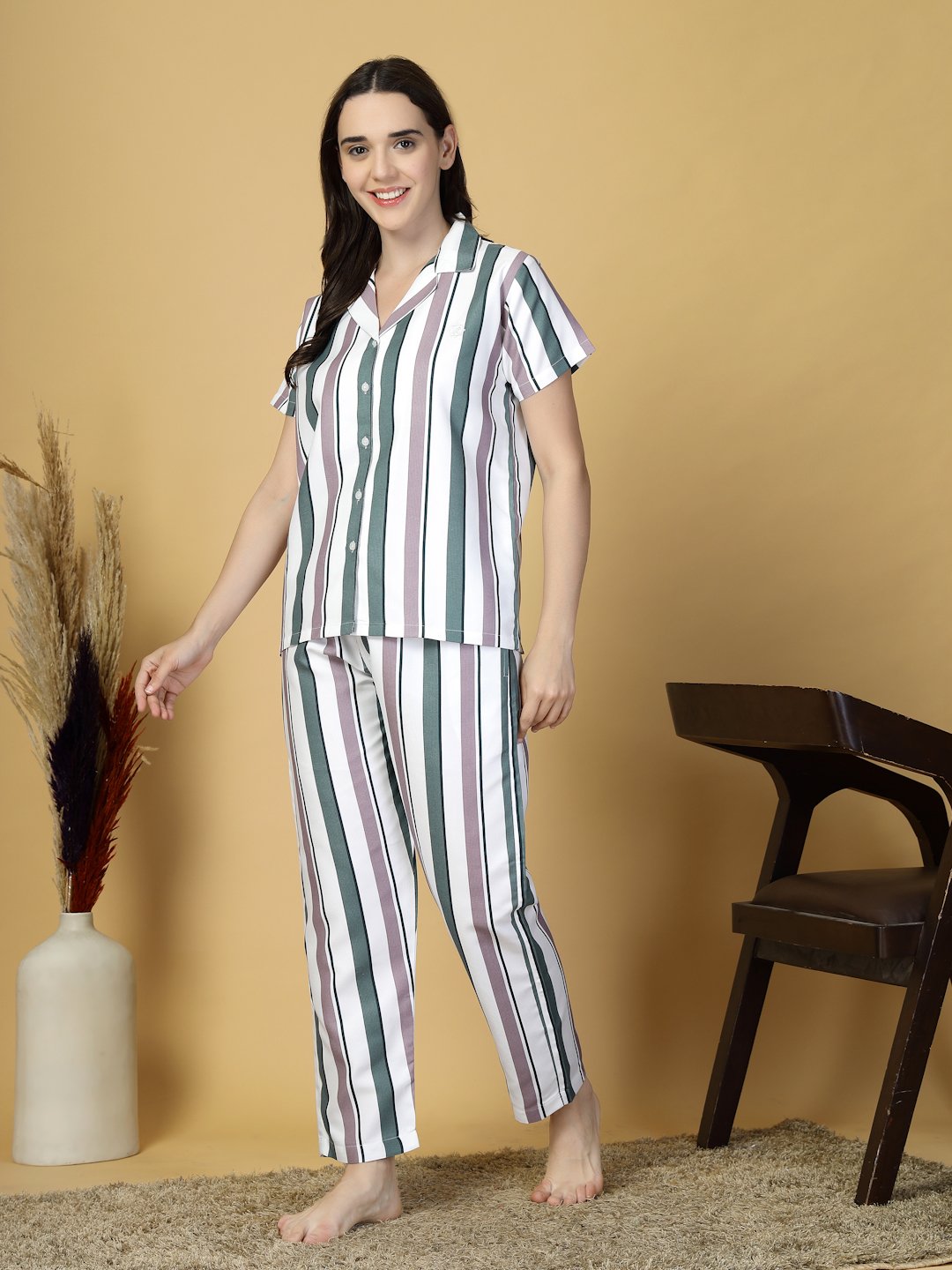 Women Multi Striped Cotton Blend Night Suit