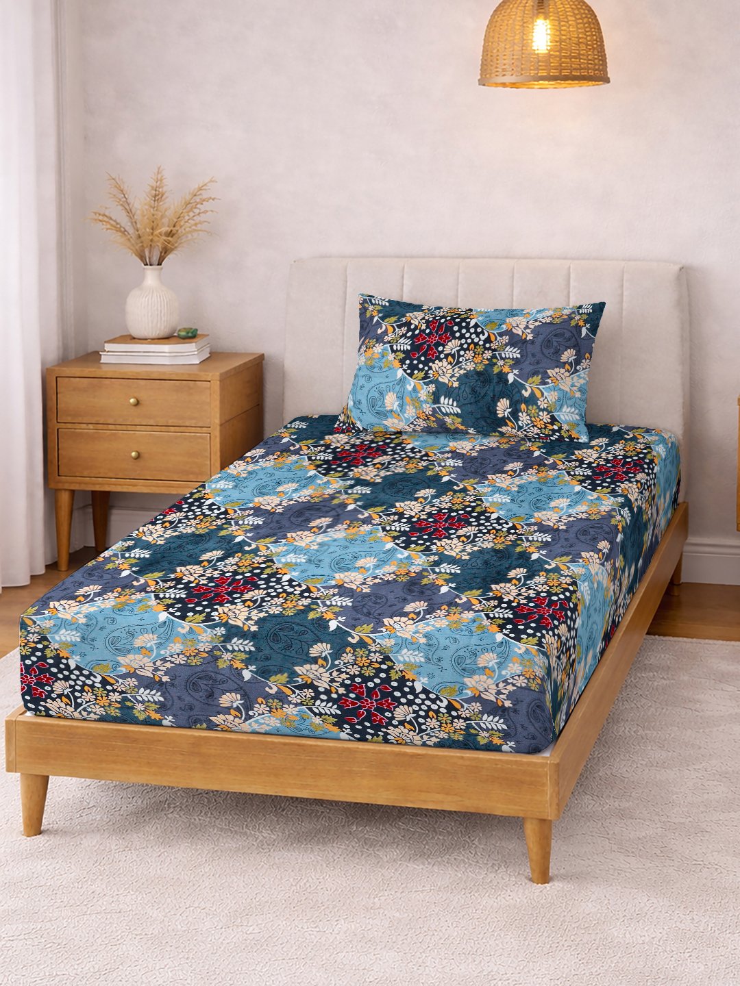 Blue Floral Cotton Blend Single Bedsheet with Pillow Cover