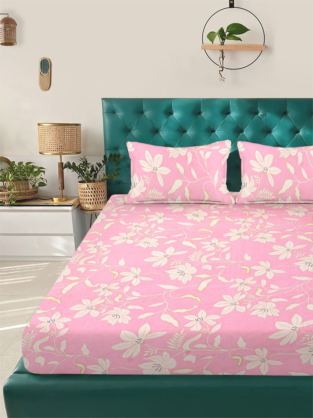Pink Floral 300 TC Cotton Blend Double Bedsheet with 2 Pillow Covers