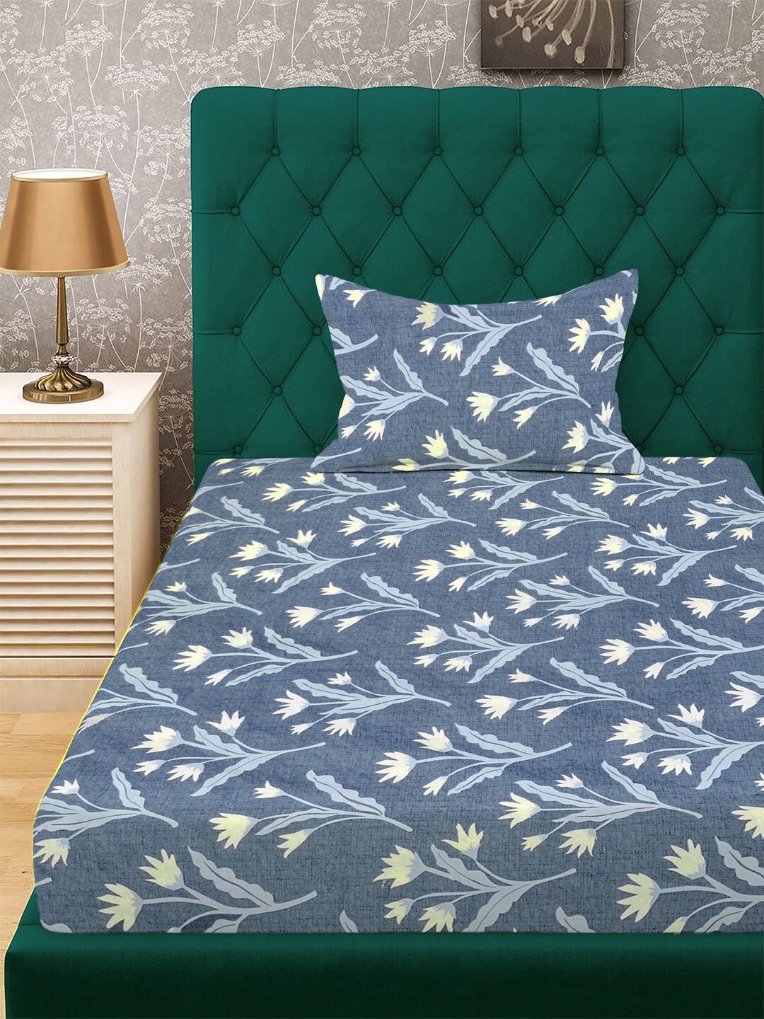 Blue Floral 300 TC Cotton Blend Single Bedsheet with Pillow Cover